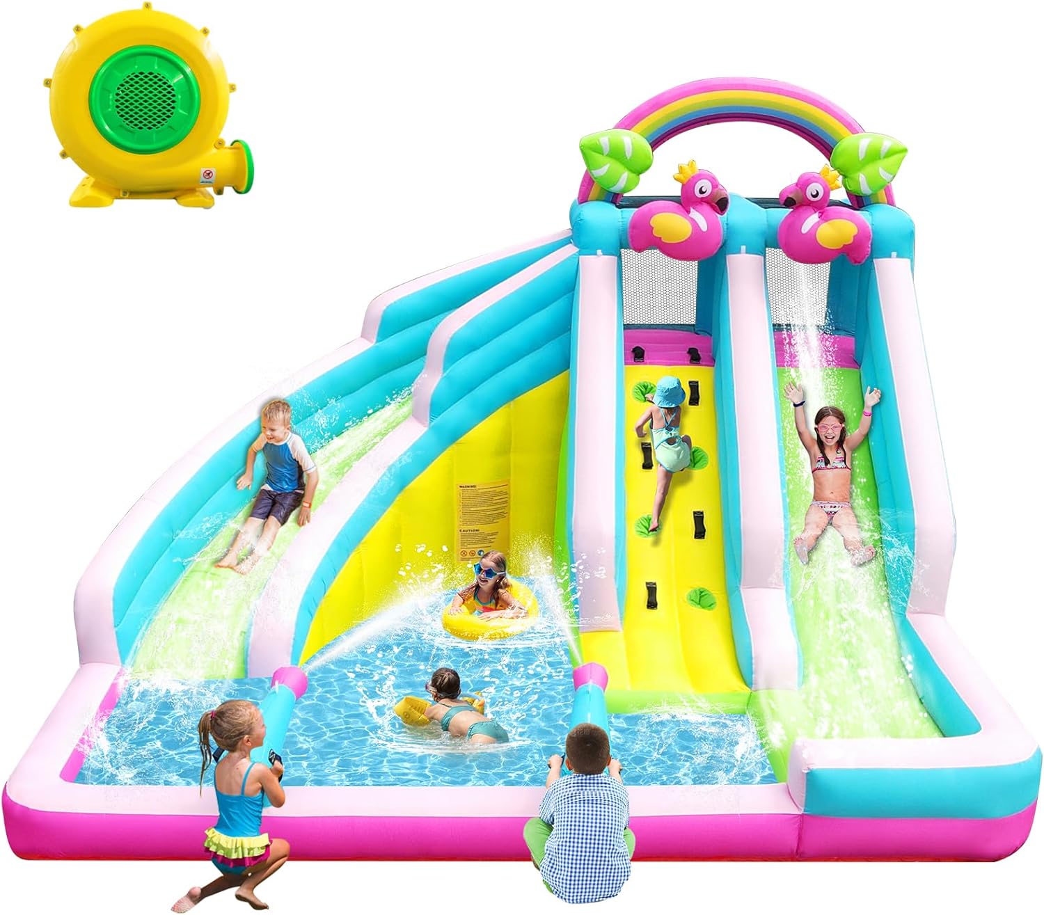 Inflatable Water Slide, 6 in 1 Blow Up Water Park Aged 3-10, Flamingo Style Water Bounce House with Double Long Slides, Splash Pool, 580W Blower Waterslide for Kids and Adults Backyard