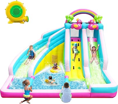 Inflatable Water Slide for Kids, 6-in-1 Flamingo Water Park, Dual Slides