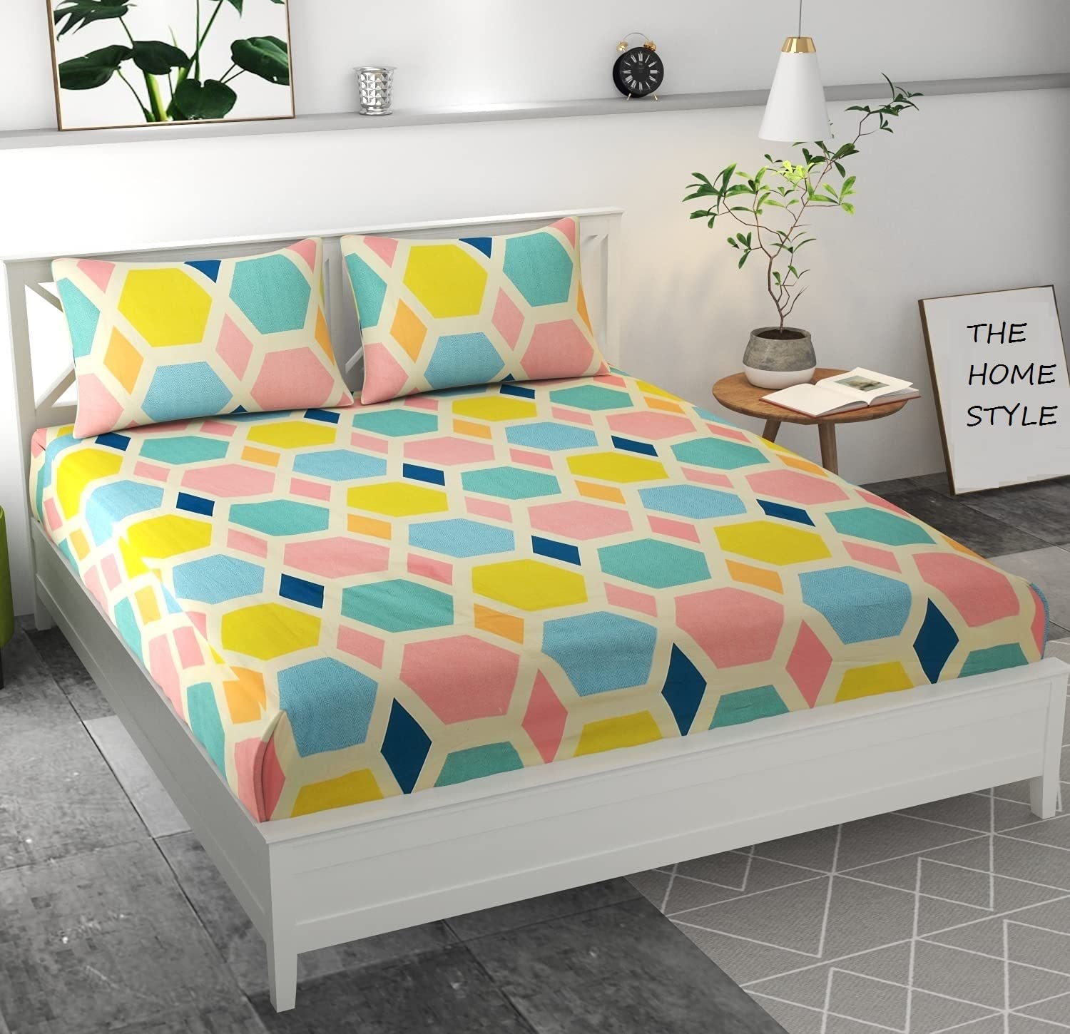 THE HOME STYLE Cotton Feel Glace Elastic Fitted Printed Double Bed King Size Bedsheet With 2 Pillow Cover (72X72, Pastel Palette300 Tc, Multicolor)