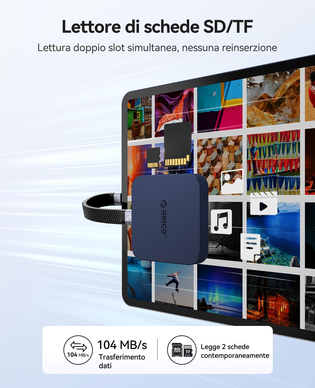 ORICO Lettore di schede SD magnetico con ricarica PD 100W, SD/TF 3.0, velocità di trasferimento dati 104 MB/s, Card Reader Compatibile con iPhone 17/16/15, iPad Pro e MacBook (Blu, 6 IN 1)