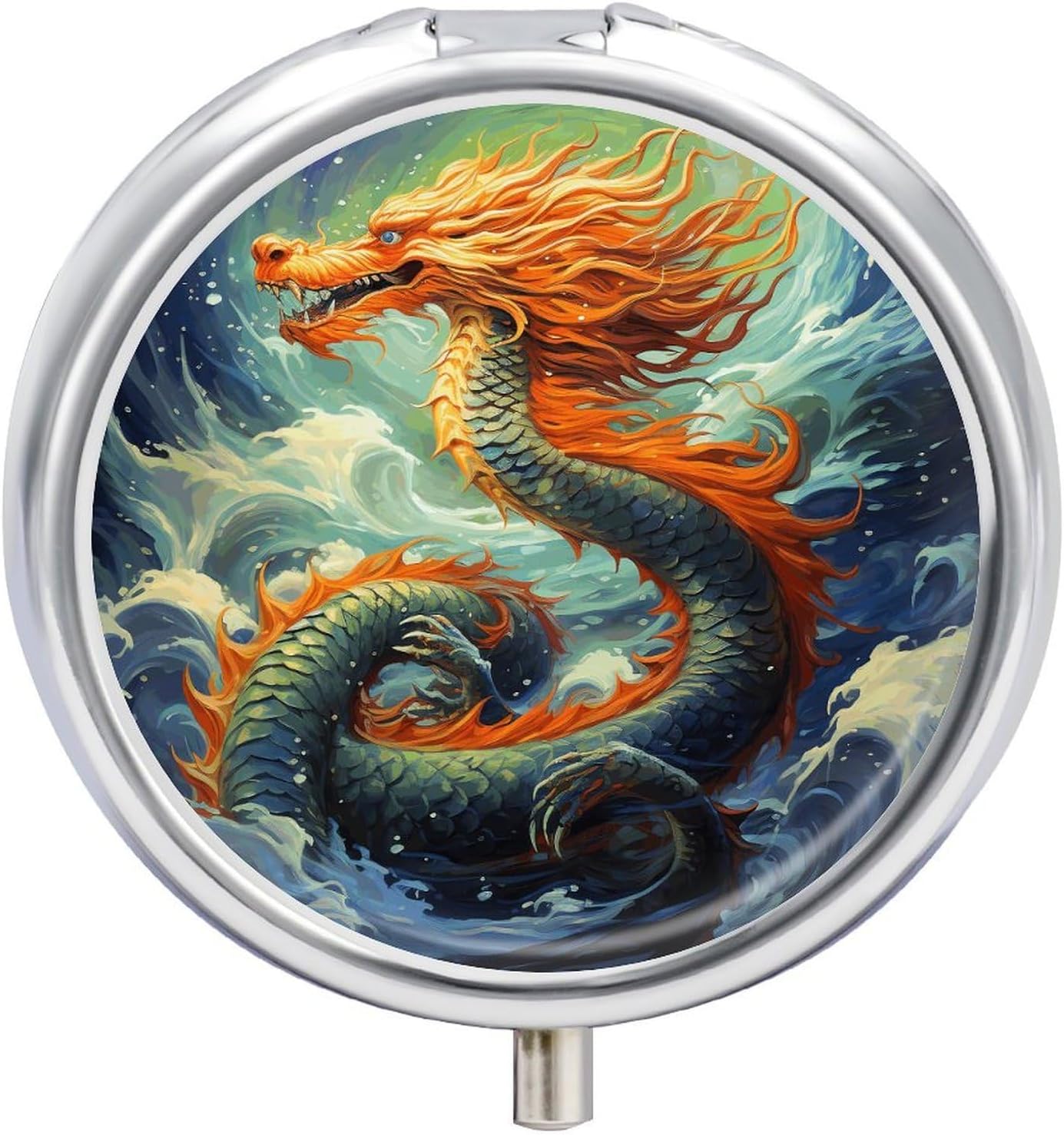 Chinese Dragon Pill Box 3 Compartments Portable Travel Pill Case Mini Medicine Organizer for Pocket Purse Metal Waterproof Medicine Container Holder Vitamin Fish Oil