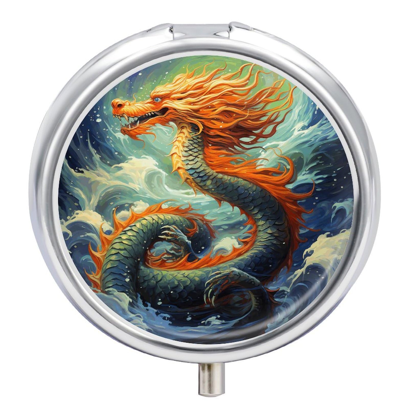 Chinese Dragon Pill Box 3 Compartments Portable Travel Pill Case Mini Medicine Organizer for Pocket Purse Metal Waterproof Medicine Container Holder Vitamin Fish Oil