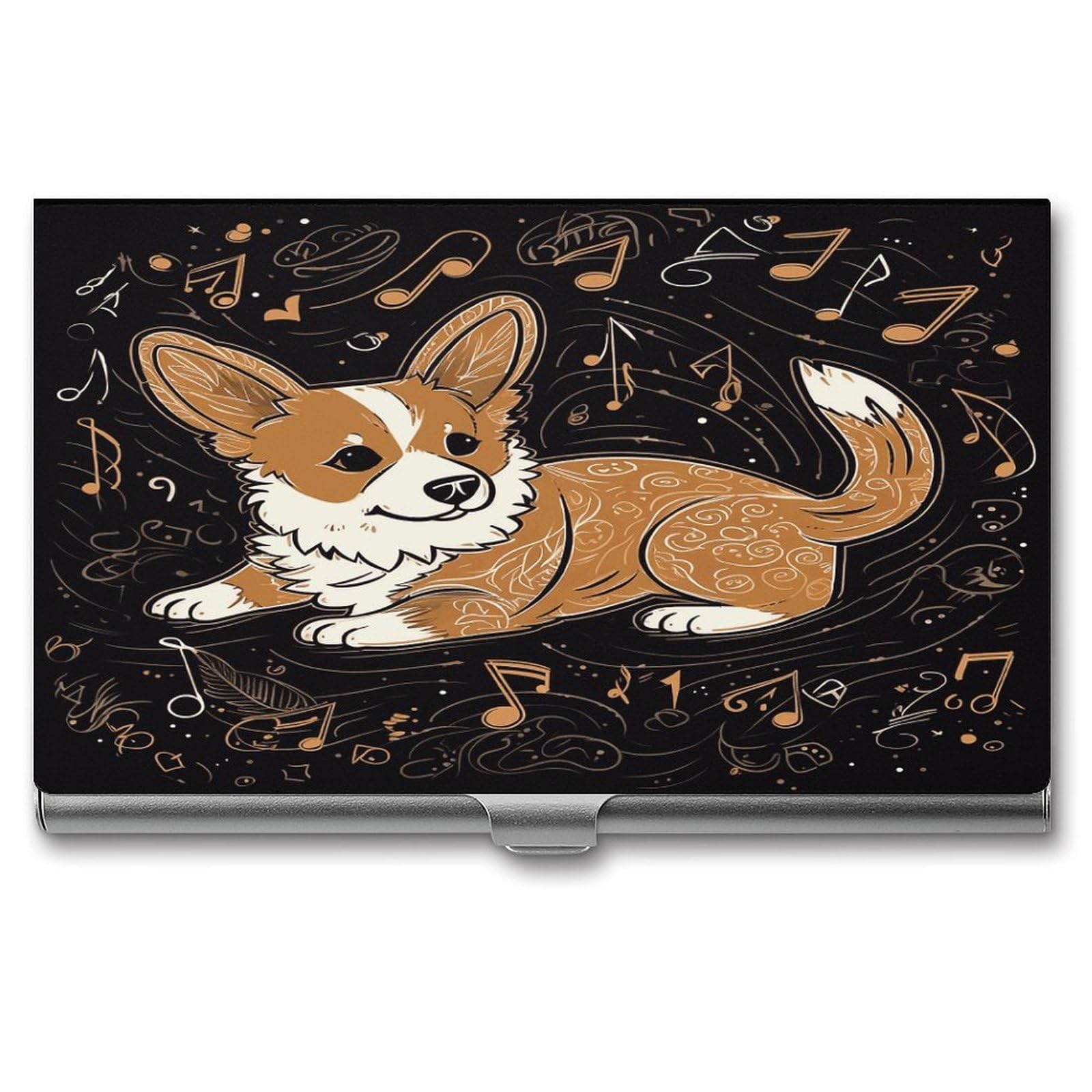 JTREHY Corgi Who Loves Music Business Card Holder Slim Purse Name Card Holder Portable Metal Business Card Case Wallet Large Capacity Lightweight Business Card Case for Men Women