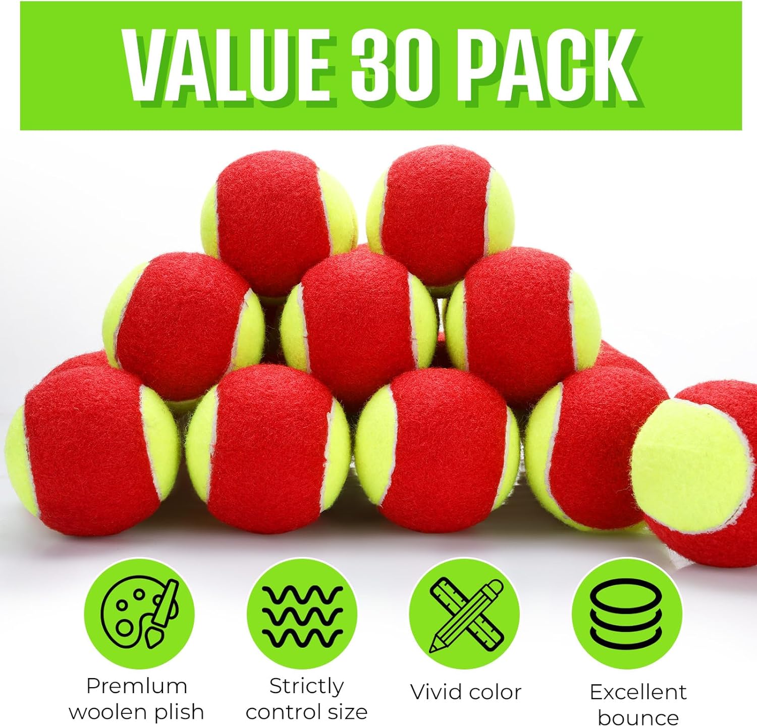 30 Pcs Tennis Balls Bulk 25% Low Compression Tennis Ball for Beginners Training Practicing Transition Pet Dog Playing Practice (2. 95 Inch)
