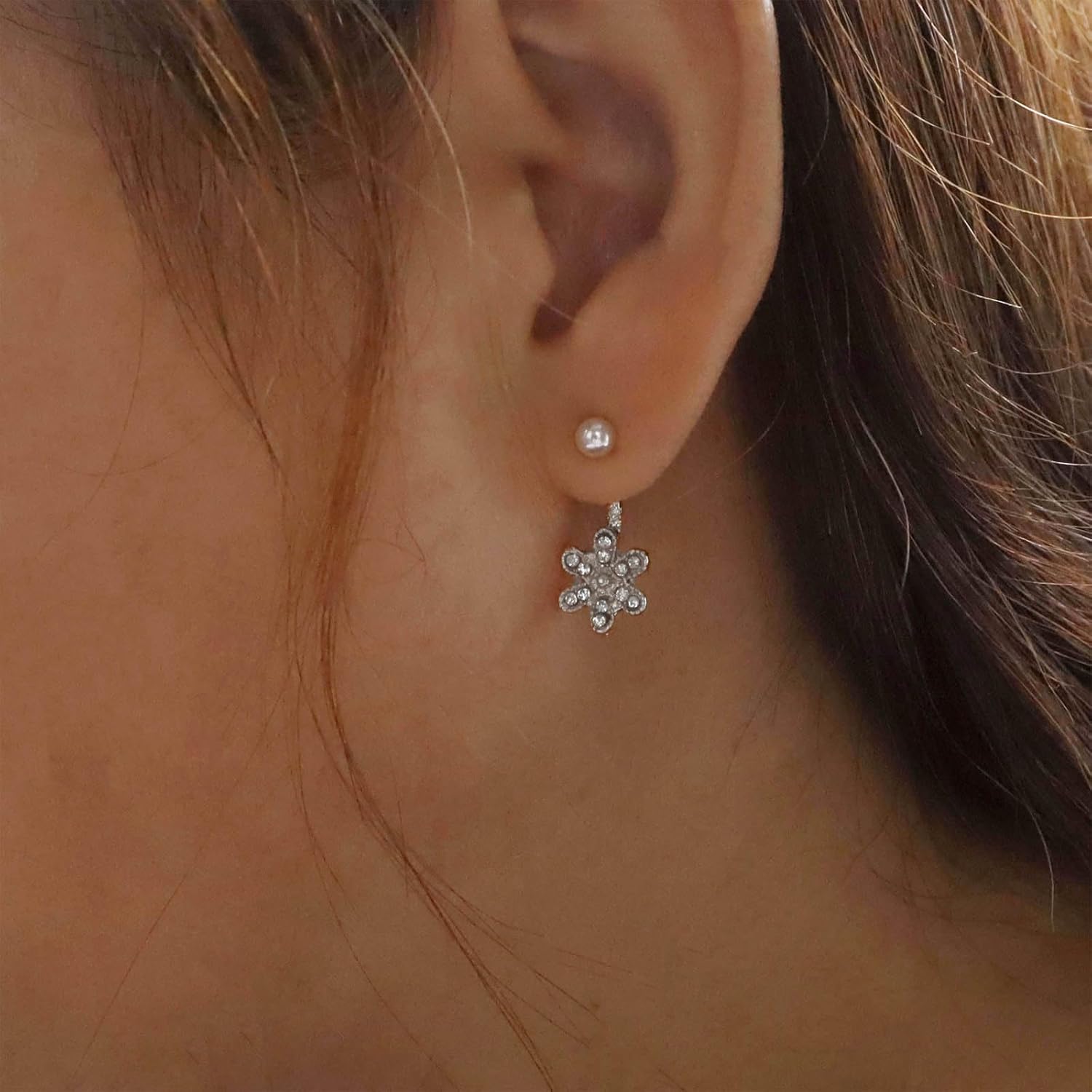 Boho Pearl Jacket Earrings Crystal Flower Earrings Rhinestone Flower Drop Earrings Gold Pearl Stud Earrings Bridal Wedding Earrings Front Back Earrings Jewelry for Women - Image 6