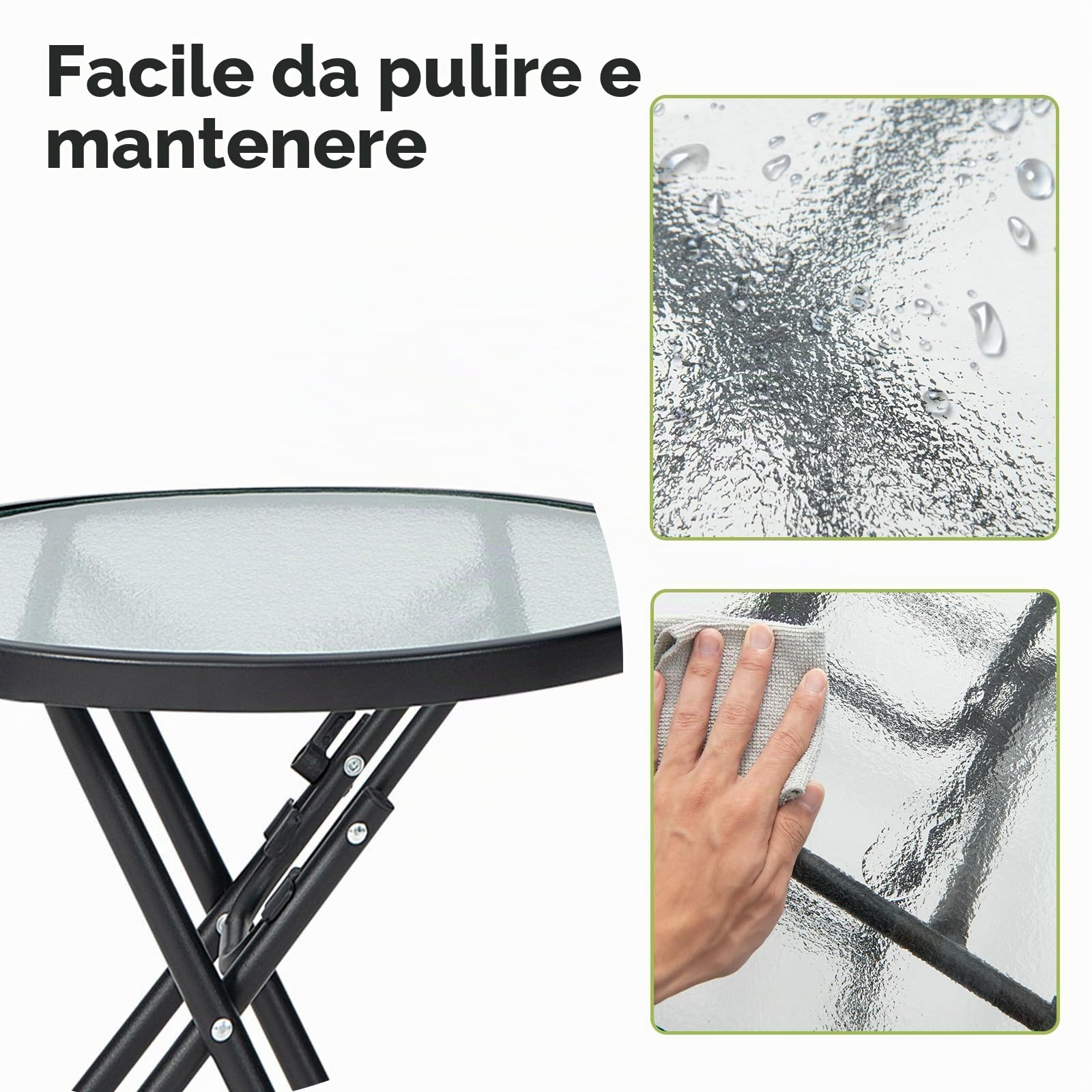 KOMFOTTEU Tavolo da giardino pieghevole, tavolo da bistrot con piano in vetro e telaio in metallo, tavolo laterale rotondo, per balcone, terrazza (trasparente, rotondo, φ46 x 47 cm (H))