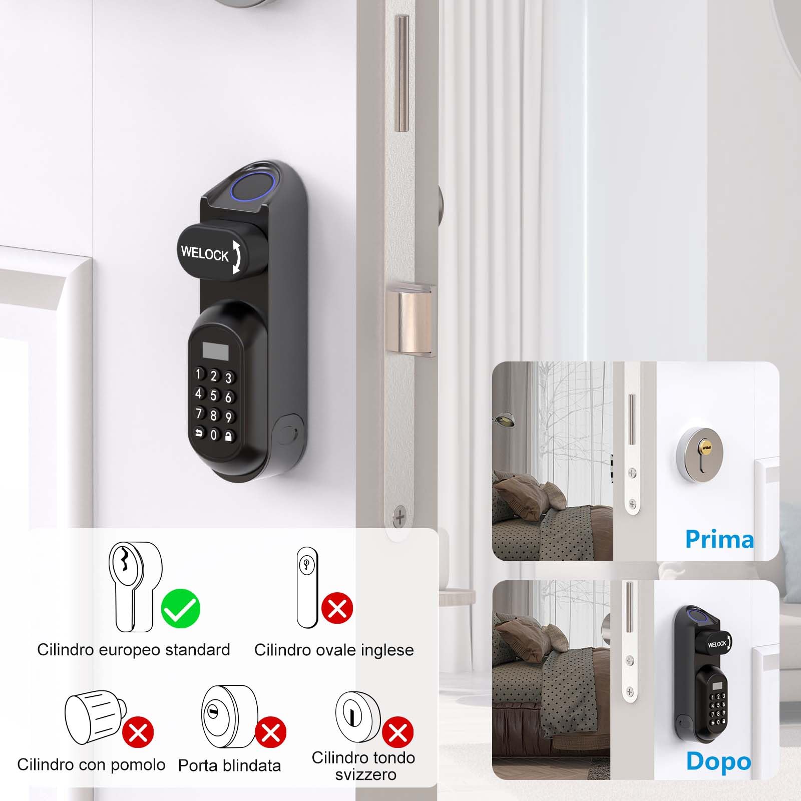 WELOCK U81 Serratura Smart,Serratura con impronta digitale con password,Bluetooth App,scheda RFID,Serratura Elettronica per Spessore 50-95mm,Facile da installare