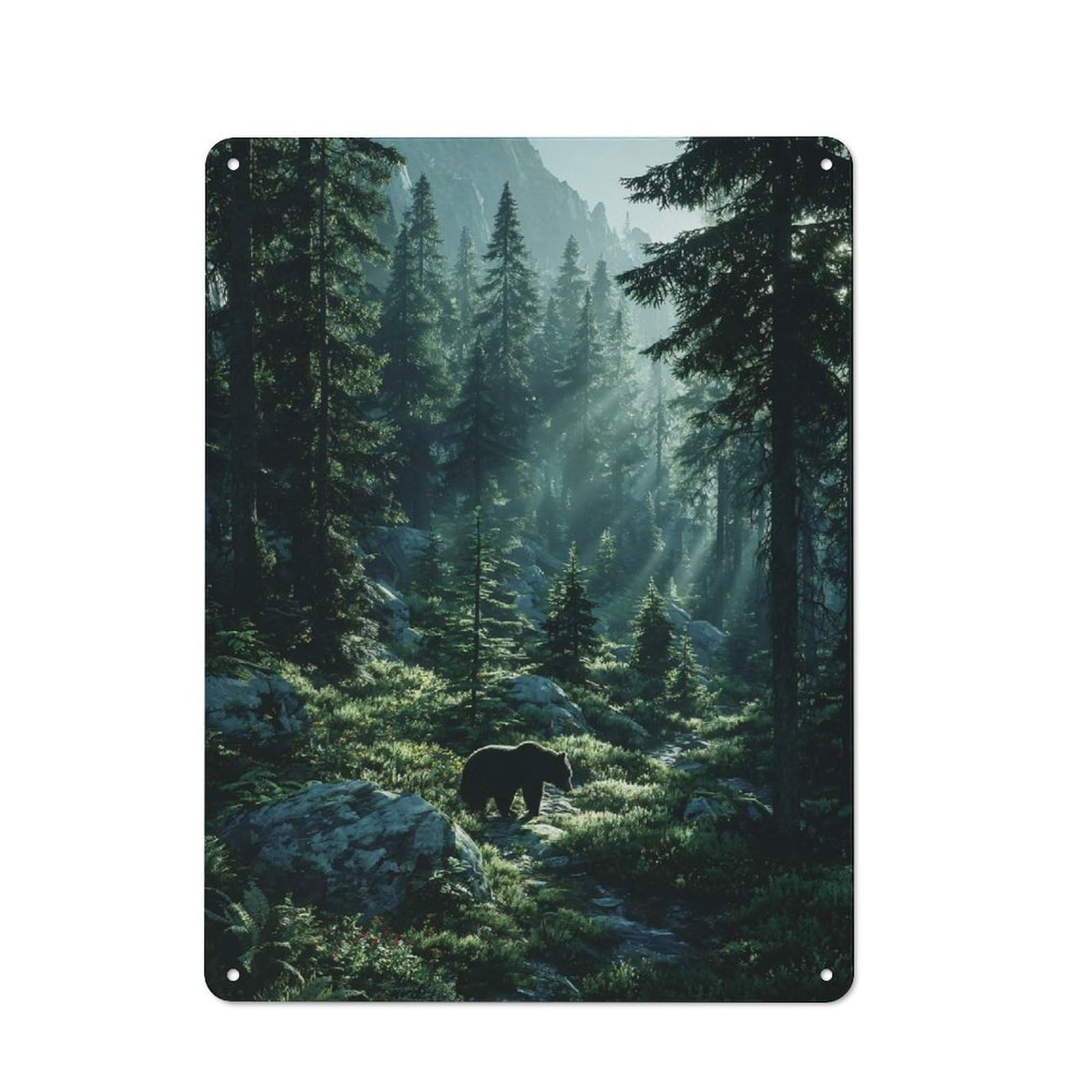 Bear in A Sunlit Forest Understated Metal Wall Decor 40x30cm, Office Metal Sign for Office, Study, Studio Or Hallway
