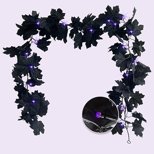 2 guirnaldas de hojas negras de 5.7 pies de Halloween de hojas de arce negras negras para decoración del hogar, guirnalda de otoño al aire libre,