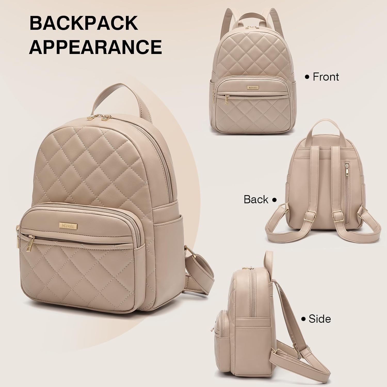 Marvolia Mini Backpack for Women - Vegan Leather Small Fashion Purse for Travel Work Shopping - Khaki - Image 5