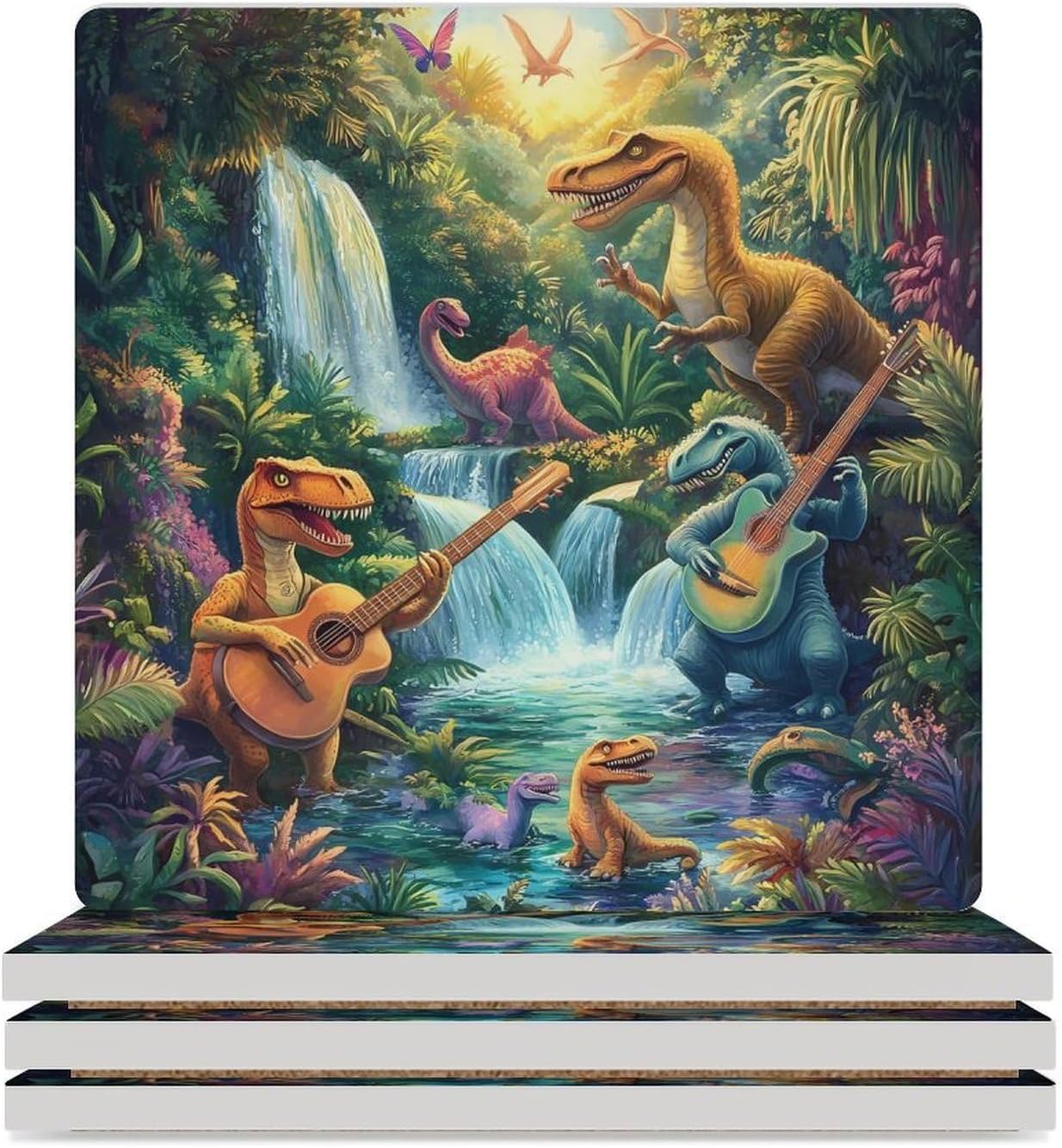 Funny Dinosaur Guitar Ceramic Coasters Square Drinks Coaster Coffee Table Decor Table Coaster for Home Bar