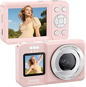 Basike Câmera Fotográfica Digital 4K UHD 64MP, Zoom 18X, Tela Dupla com Flash, Foco Automático e Time-Lapse, para Iniciantes, Jovens e Viagens, Compacta, Criativa e Portátil – Rosa