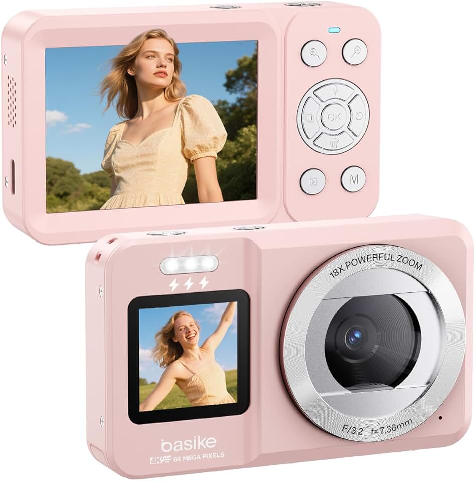 Basike Câmera Fotográfica Digital 4K UHD 64MP, Zoom 18X, Tela Dupla com Flash, Foco Automático e Time-Lapse, para Iniciantes, Jovens e Viagens, Compacta, Criativa e Portátil – Rosa