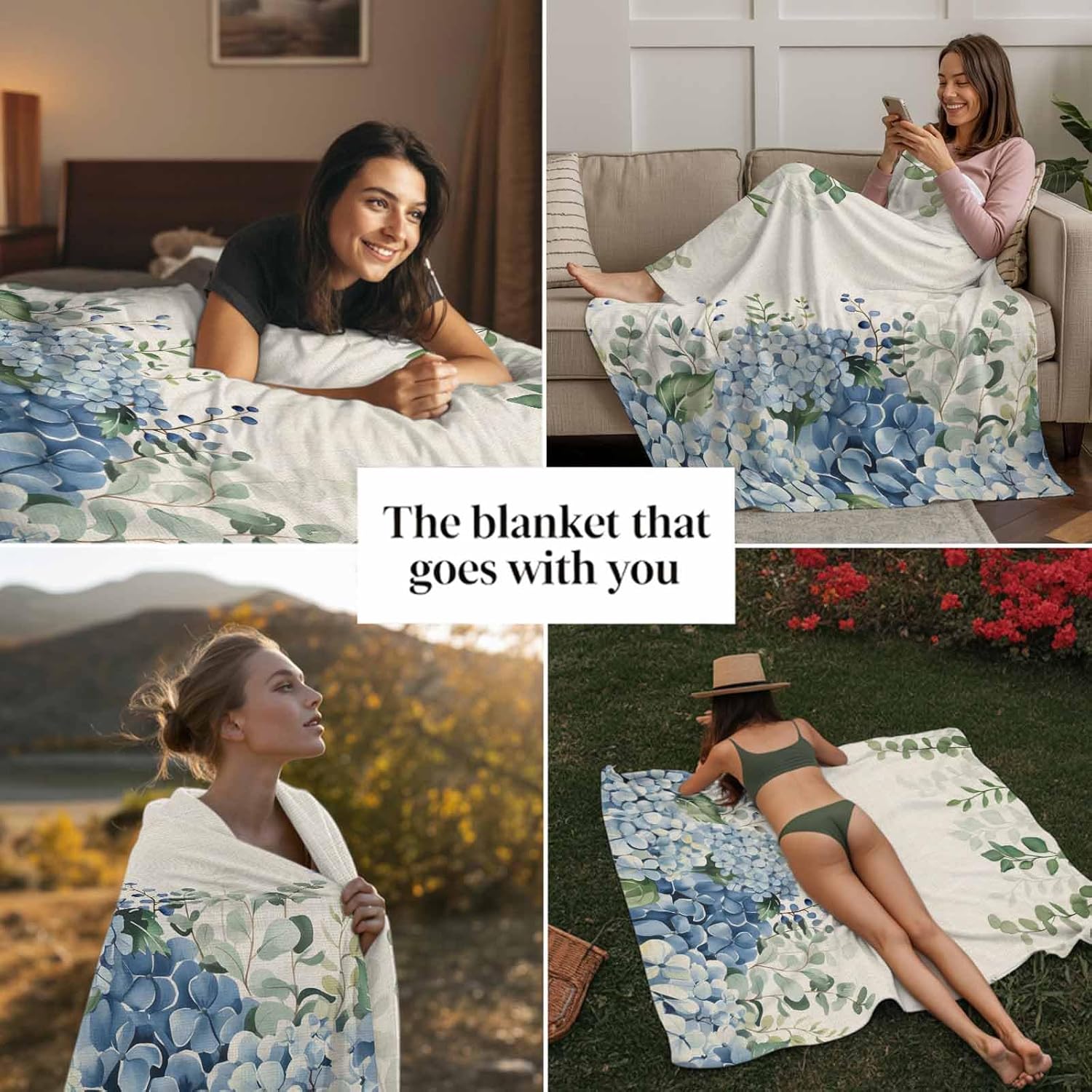 Super Soft Flannel Fleece Blanket, Farmhouse Eucalyptus Blue Hydrangea Plants Linen Lightweight Blankets, Cozy Microfiber Plush Throw Blankets for Bed, Sofa, Couch, Travel, Camping, 40" x 60"