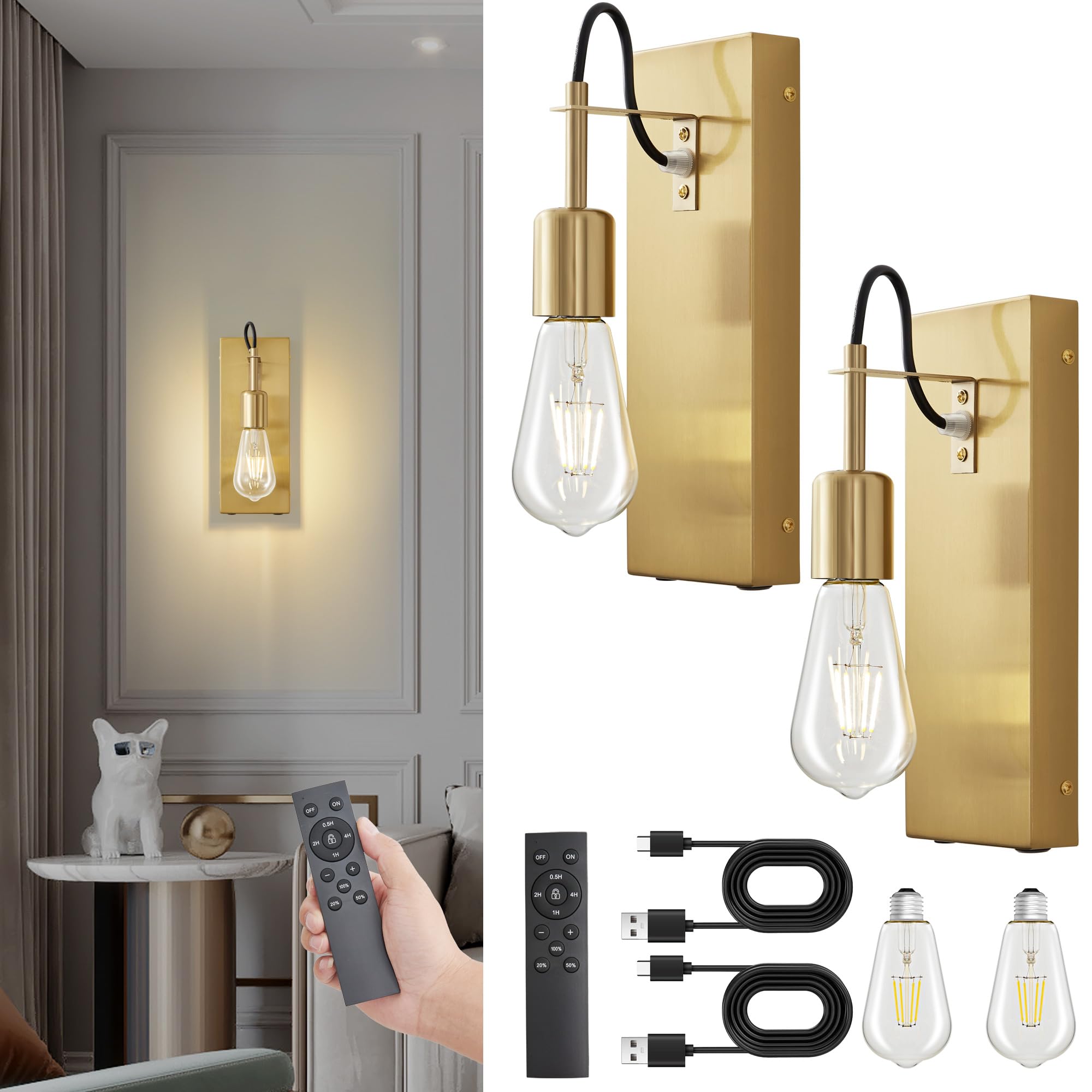 Photo 1 of ***SEE NOTES***Ritakcdn Battery Operated Wall Sconces Set of 2, Gold Rechargeable Wall Lights with 8000mAh Dimmable Bulbs, Industrial Wall Lamp for Living Room Bedroom Dining Room