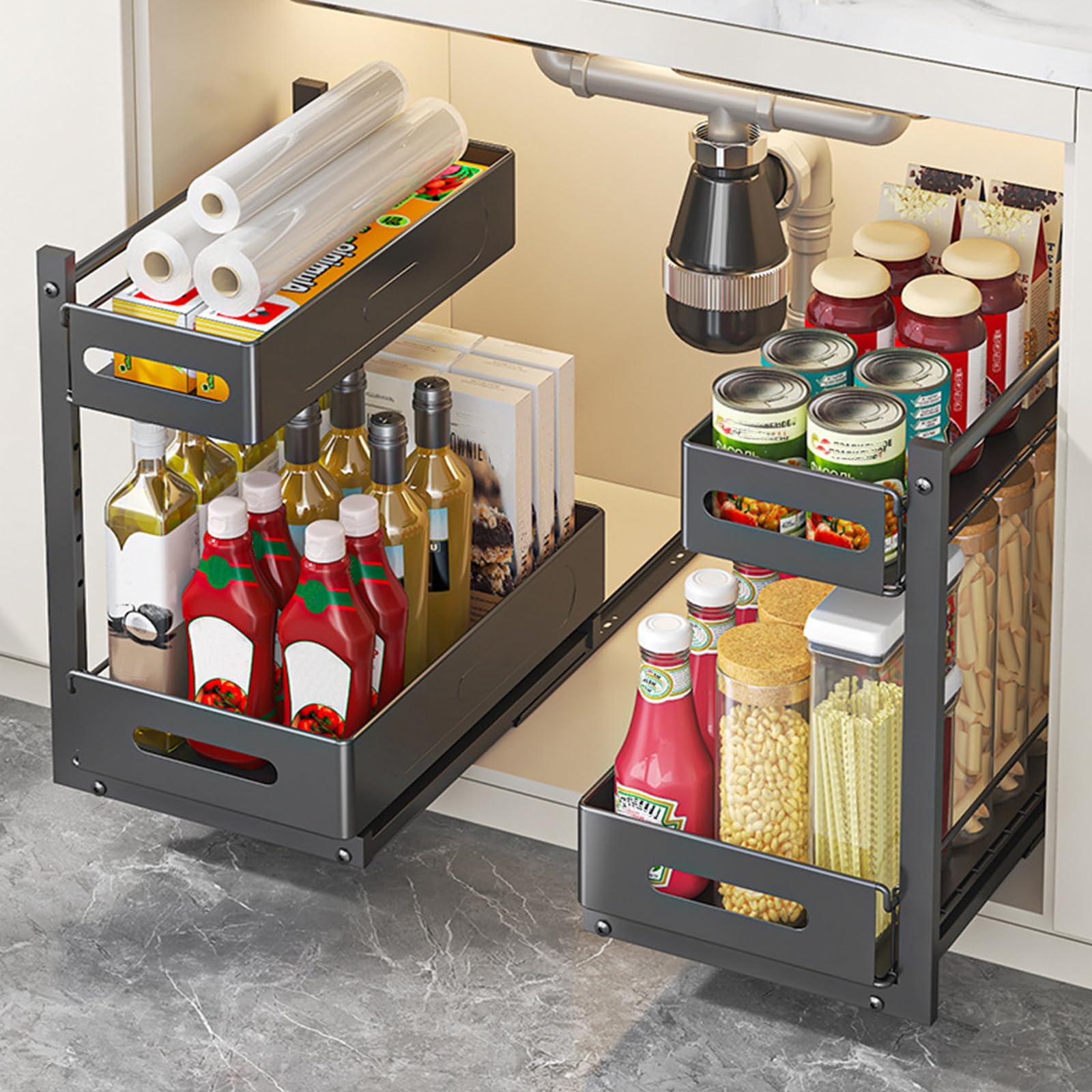 2 Etagen Spülschrank Organizer Ausziehbar aus Metall, Unterschrank Organizer küchenschrank mit 4 Haken, Küchenregal Gewürzregal für Küche & Badezimmer (Schwarz)