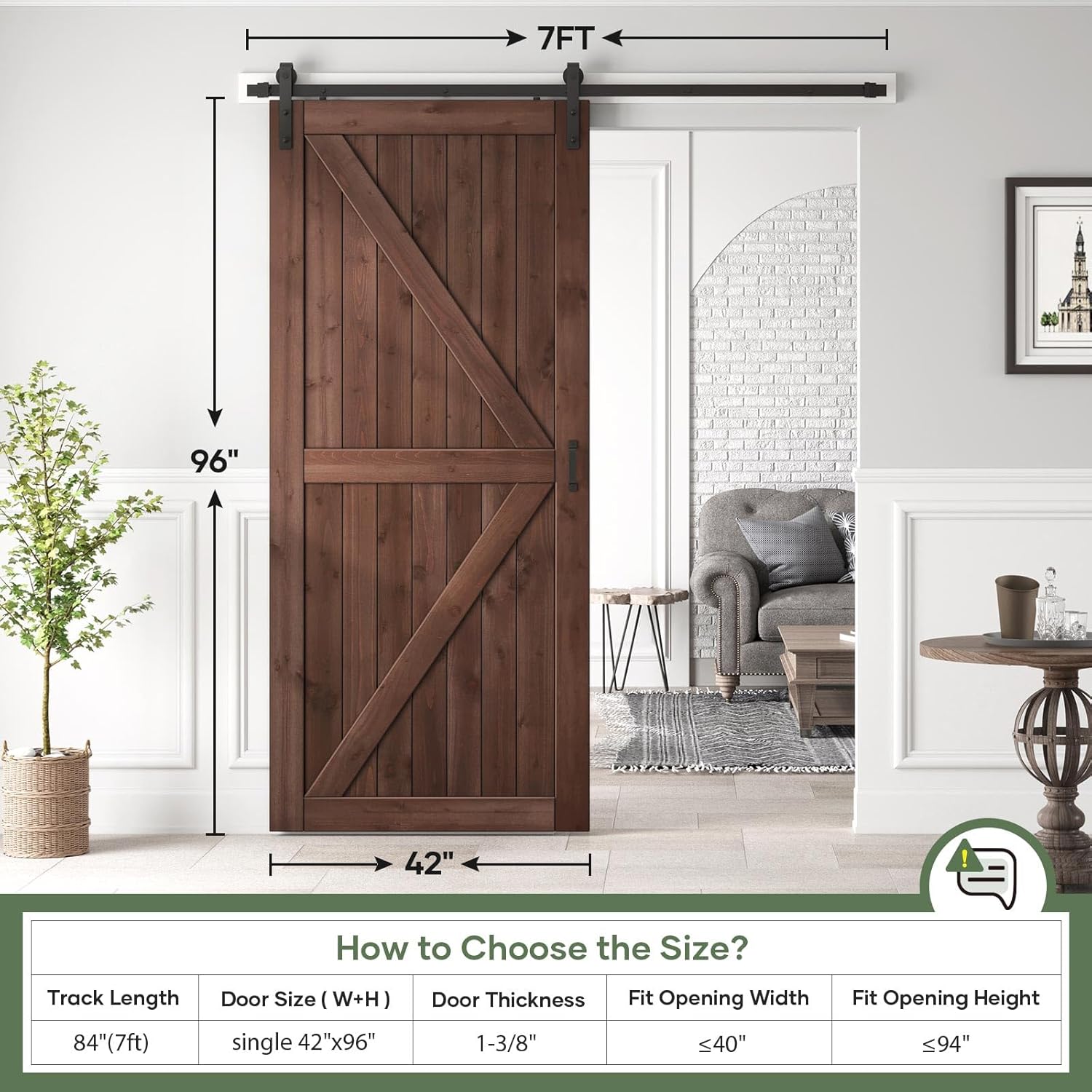 42x96 inch Sliding Barn Wood Door Slab with 7ft Hardware Kit and Handle, Coffee, K Shape, Simple DIY Assembly