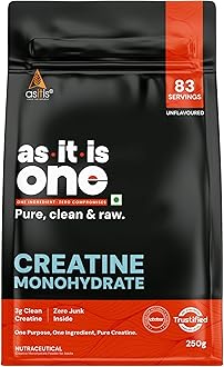 AS-IT-IS Nutrition Creatine Monohydrate USA Labdoor Certified for Accuracy & Purity Pre-Workout Improves Muscle Mass & Recovery and Reduces Muscle Fatigue No Flavors Added , 250 grams