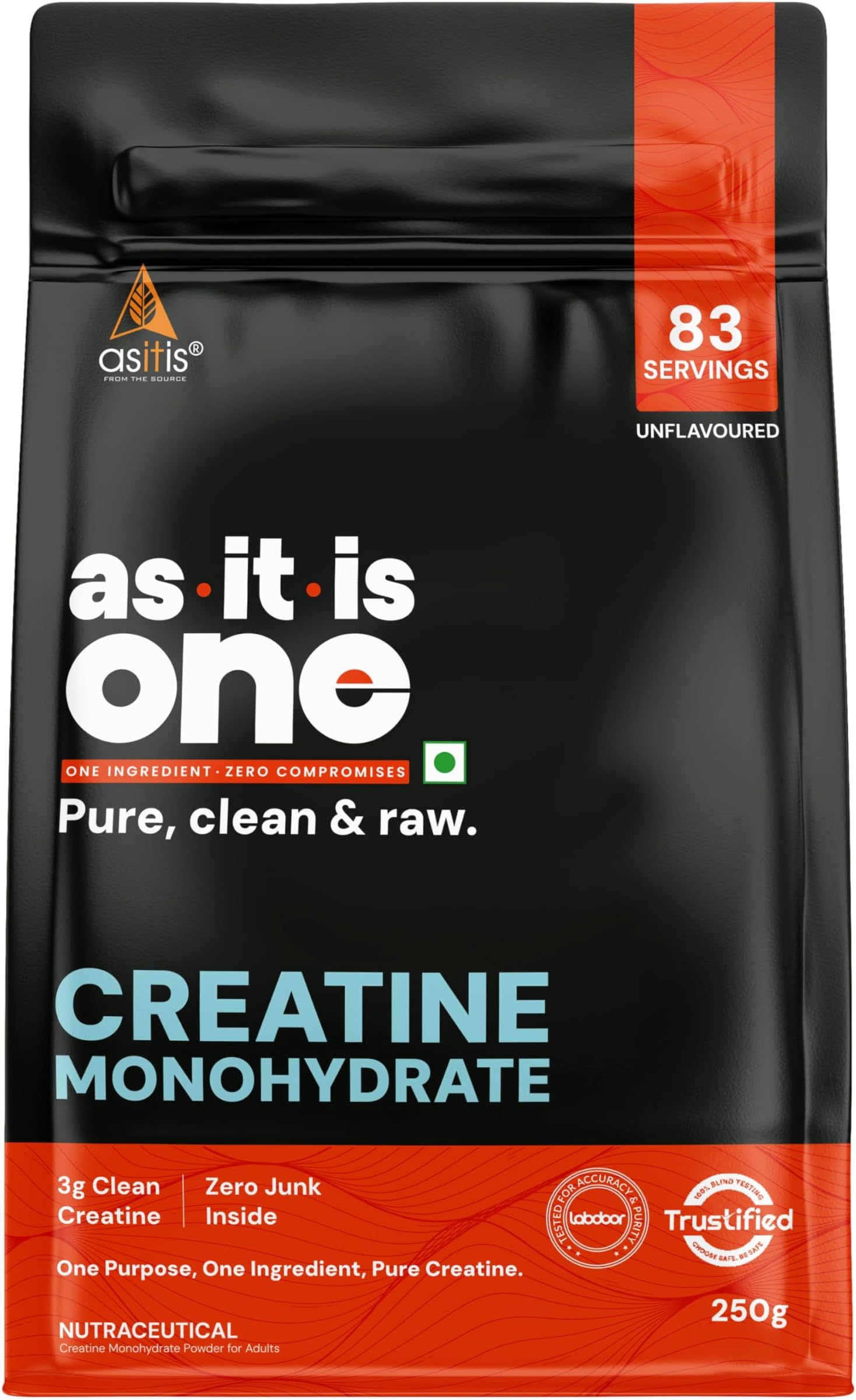 AS-IT-IS Nutrition Creatine Monohydrate USA Labdoor Certified for Accuracy & Purity Pre-Workout Improves Muscle Mass & Recovery and Reduces Muscle Fatigue No Flavors Added , 250 grams
