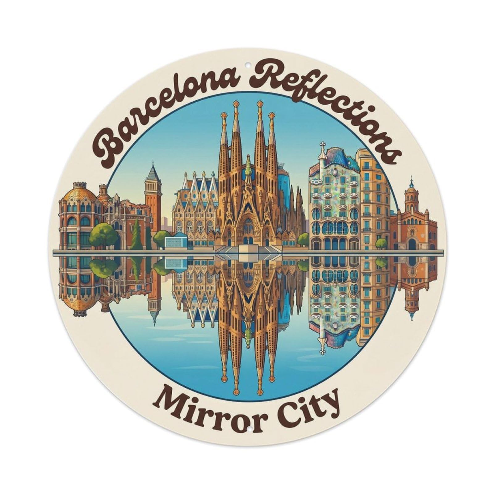 Classic Barcelona Cityscape Reflection Water Travel Culture Metal Tin Sign Plaque Wall Decor for Cafe, Man Cave, Club Bar, Office, Home Garden Round Metal Poster 8x8Inch
