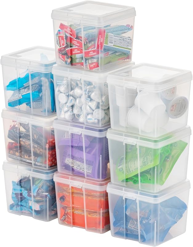 Flip Top Storage Containers |Made in USA| Small (10-Pack) - Clear | Vertical Bins with Removable Lids for Organizing Office, Craft, Pantry, Art, Ephemera & Study Supplies