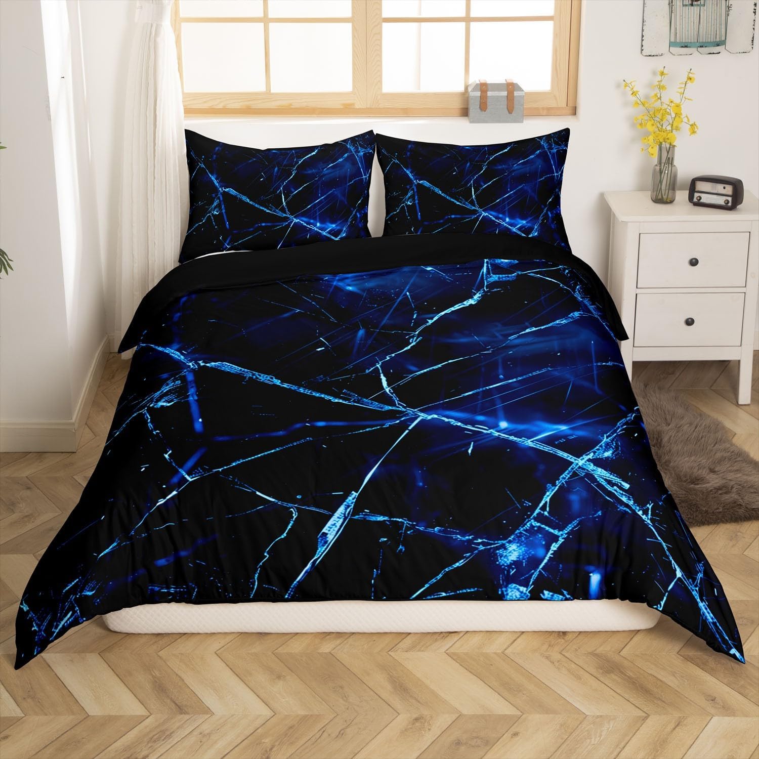 Feelyou Blue Black Geometric Duvet Cover Queen Size Kids Marble Comforter Cover Set for Boys Girls Teens Abstract Stripes Bedding Set Breathable Abstract Texture Bedspread Cover Quilt Cover