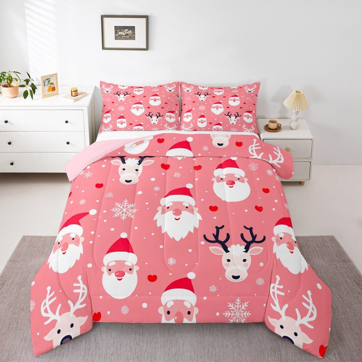 Feelyou Christmas Comforter Set All Season Santa Deer Bedding Set with 1 Pillow Cases Snowflake Microfiber Kids Twin Bedclothes Bedroom Decor Duvet Quilt Breathable Soft Lightweight