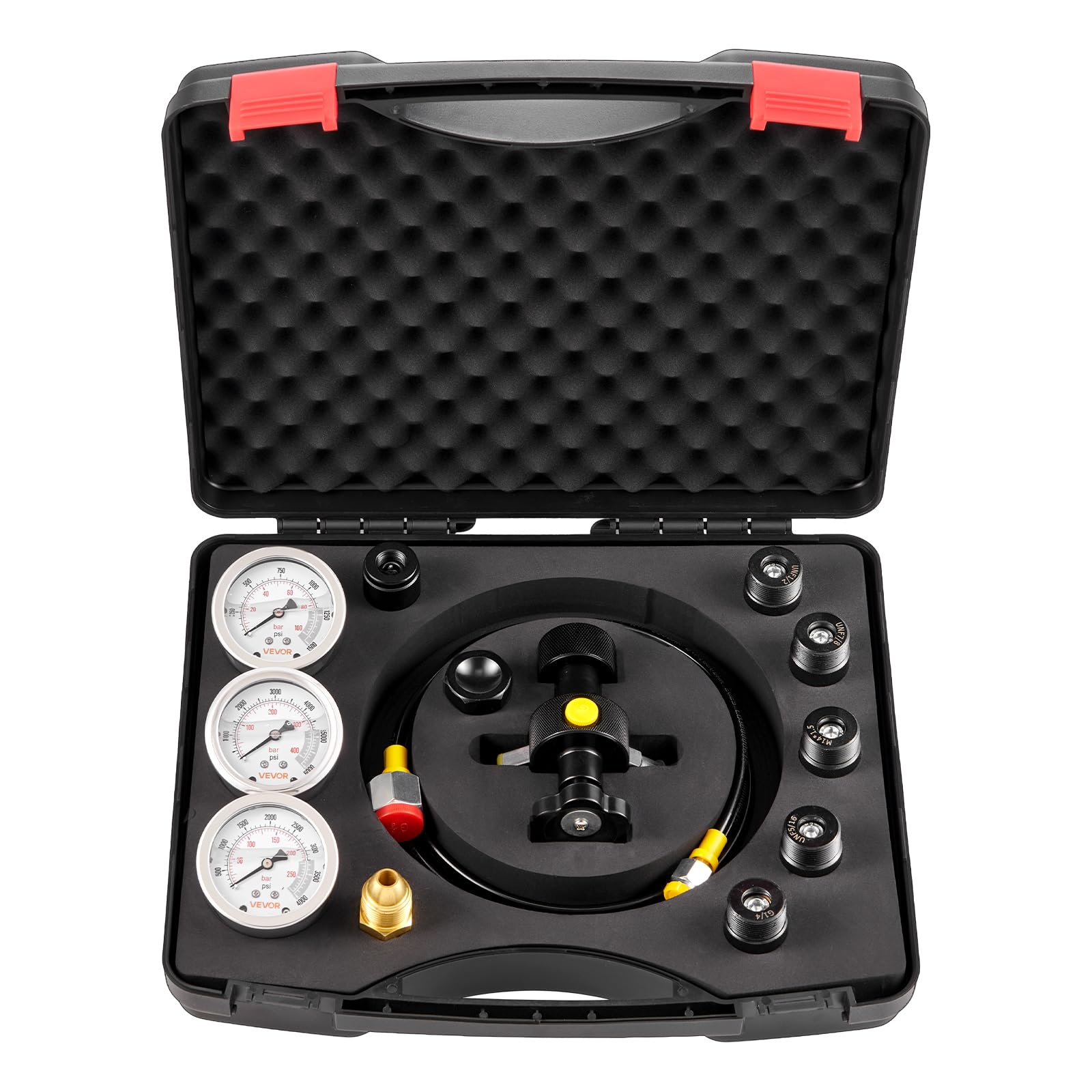 VEVOR Kit de Carga para Almacenamiento Hidráulico de Nitrógeno, Impermeable, con 3 Manómetros 103/276/414 bar, 6 Acopladores Adaptadores, 1 Manguera de Gas, 1 Válvula, 1 Adaptador CGA580, Negro