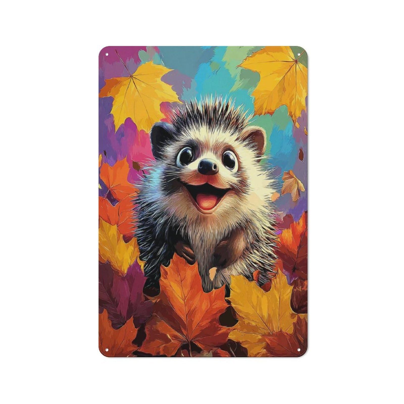 Junmoney Autumn Hedgehog Delight Metal Wall Art Sign 30X20cm, Modern Retro Urban Room Decor For Modern Home, Workshop, Office Or Cafe