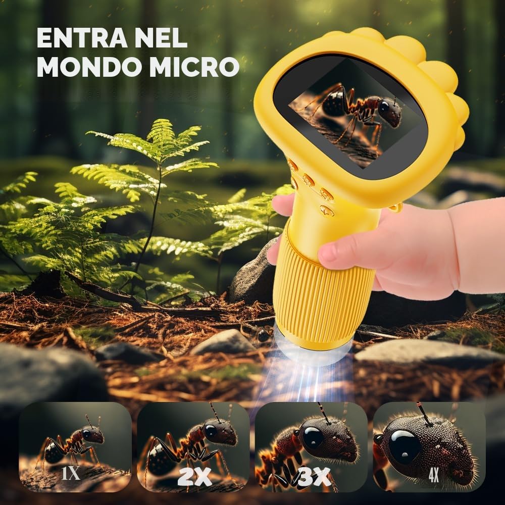 Microscopio per bambini, 2,0 pollici, 1000X, microscopio USB con 8 luci a LED regolabili, giocattolo digitale per ragazzi e ragazze, collegamento al PC