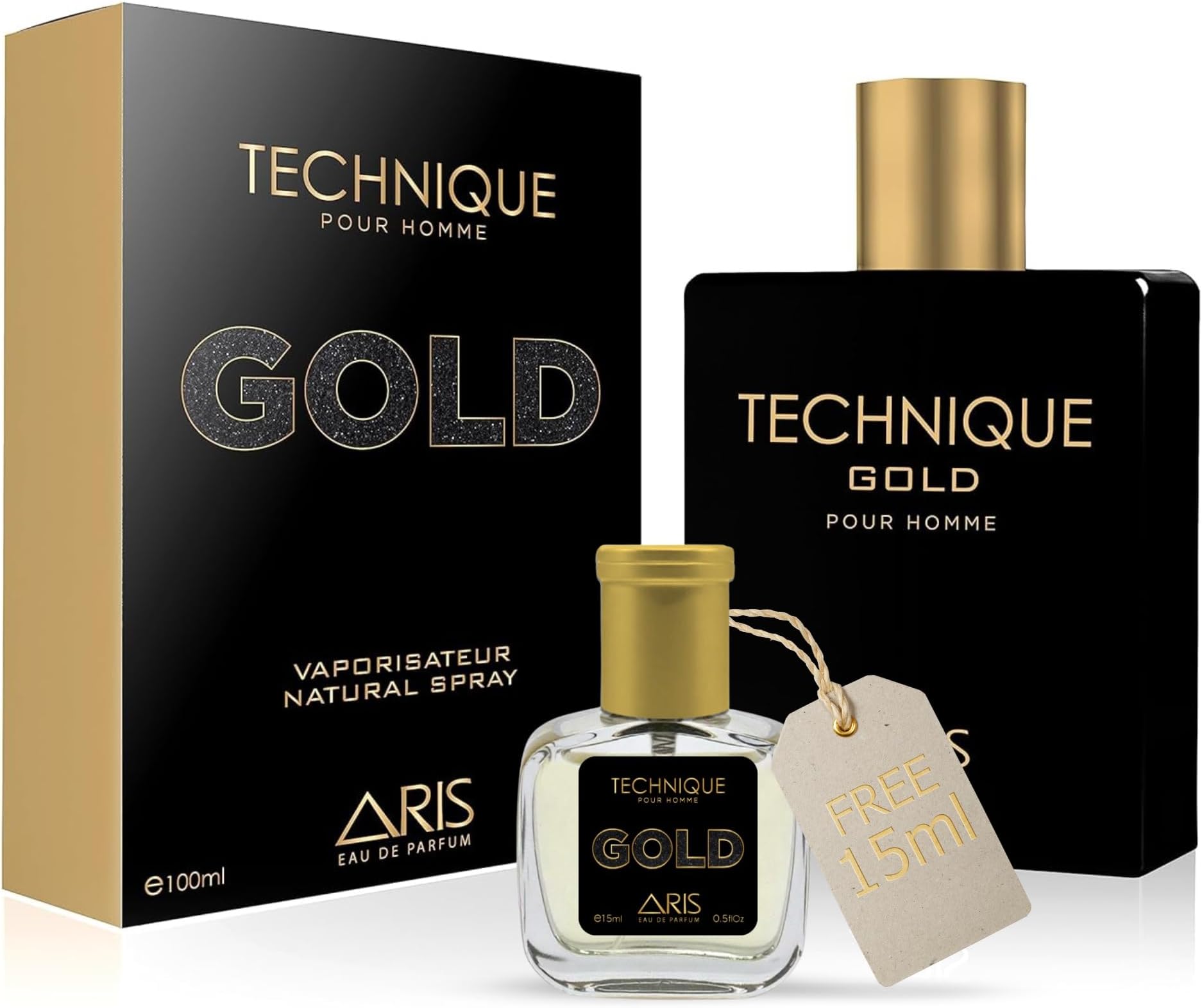ARIS Technique Gold Eau de Parfum for Men – Long-Lasting Black and Gold Fragrance – 100ml Perfume Spray for Daily or Evening Use – Men’s Cologne Comes with Extra 15ml Sample (Random Scent Included)