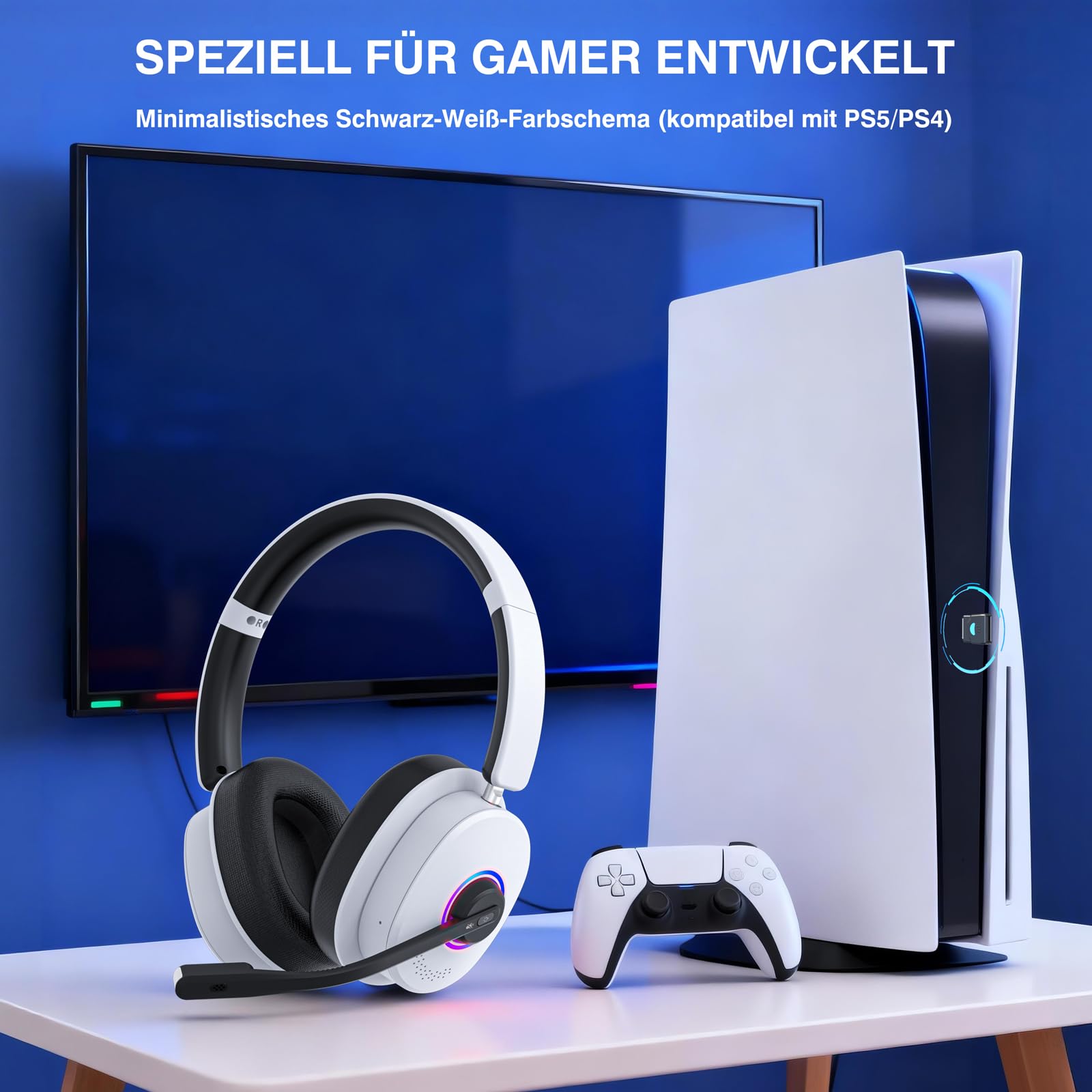Earbay Cuffie da gioco senza fili con microfono per PS5/PS4/PC/Switch/Mac, 2,4 GHz & BT 6.0 wireless (≤ 20 ms) e cuffie con cavo da 3,5 mm, microfono con cancellazione del rumore, 7.1 Surround, luce