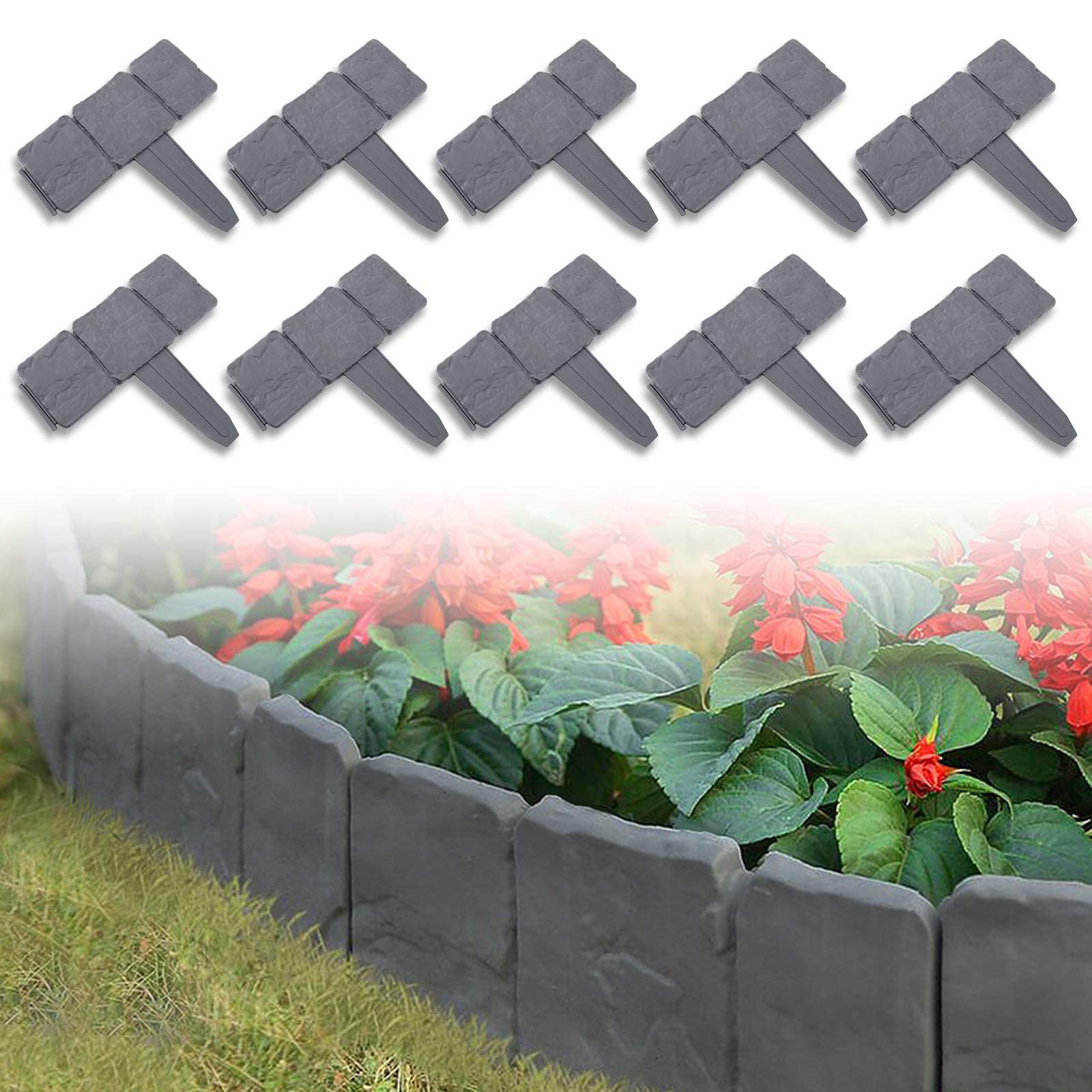 Bordo Per Prato Effetto Pietra Antracite – 10 Pezzi (2,5 M) Di Bordure Per Aiuole In Plastica, Sistema A Incastro, 25x23 Cm - 2