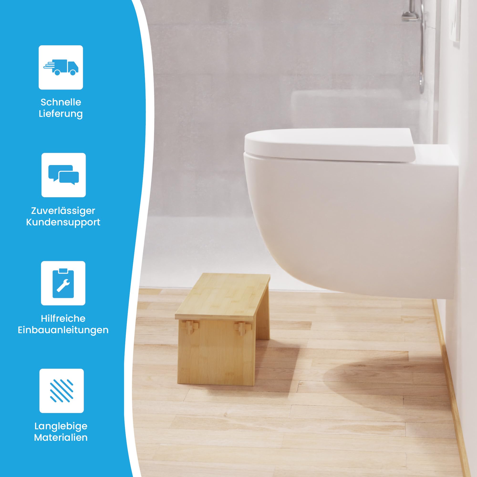 Bächlein Badhocker Doura – Ergonomischer Holz-Toilettenhocker aus FSC-zertifiziertem Bambus, 150 kg Traglast, Nachhaltig & Stabil