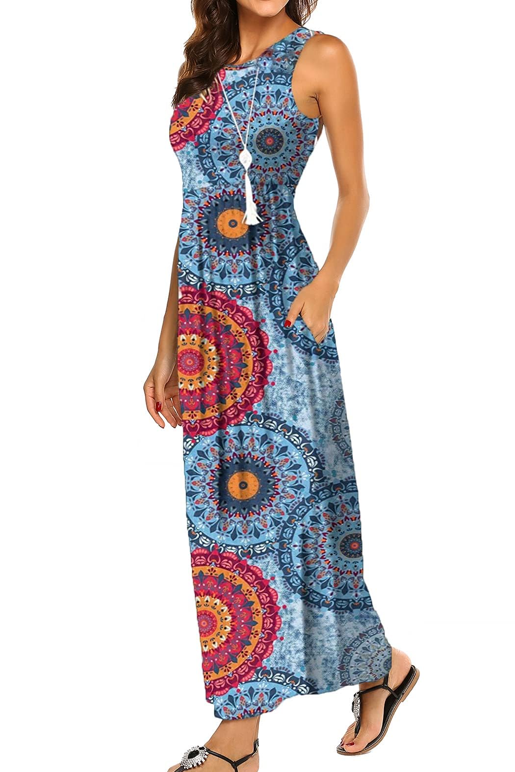 BDTECAOR Maxikleid Damen Sommer Boho Ärmellos Strandkleider Lässige Lange Tank Kleid mit Taschen