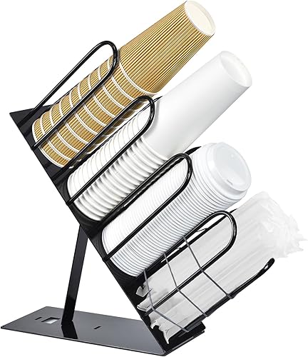 Dispensador de tazas de café, soporte ajustable de metal con 4 compartimentos para tazas y tapas, organizador de estación de café para tazas, tapas,