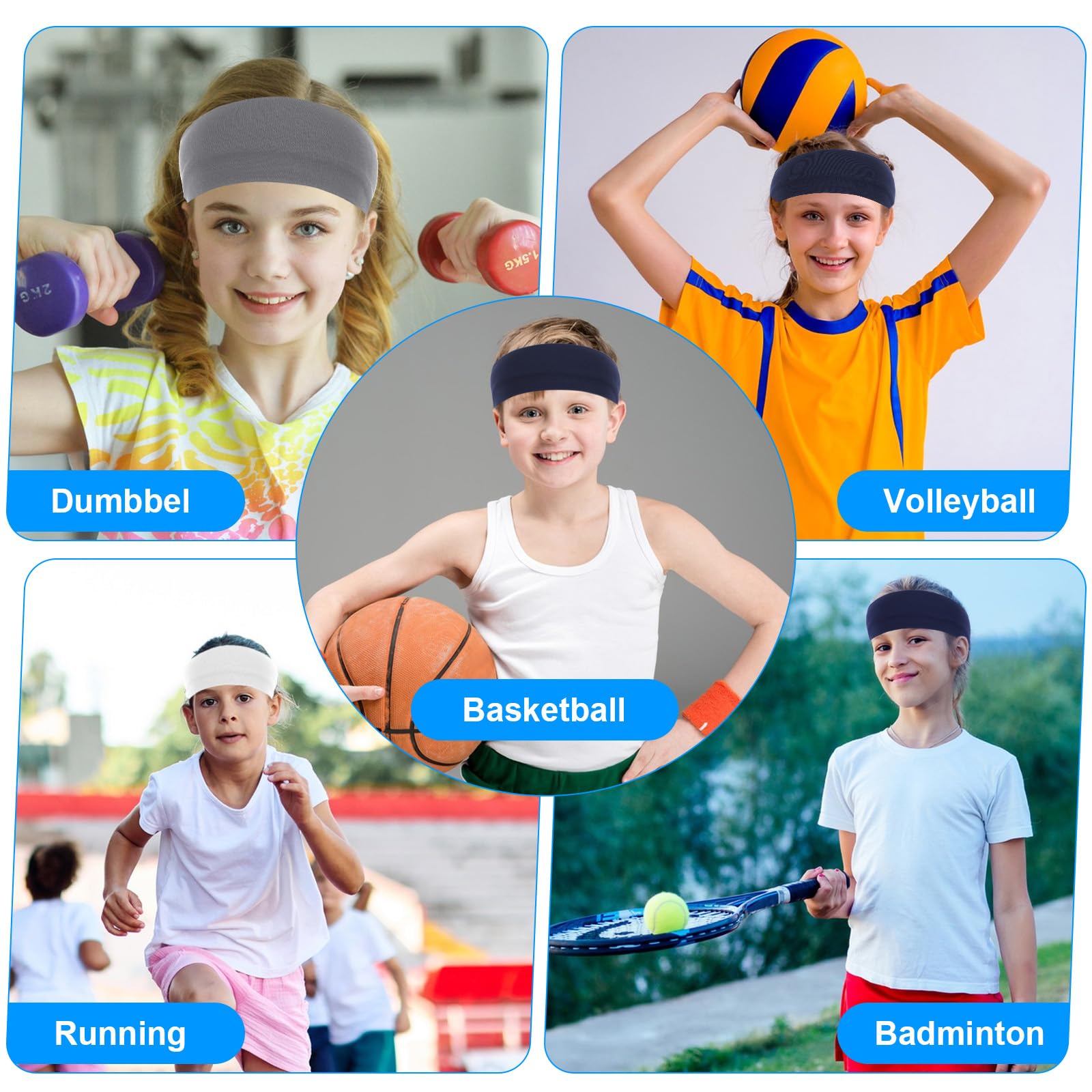 4 sztuki sportowych opasek na czoło dla młodzieży, miękka sportowa opaska na czoło dla dzieci, elastyczna opaska na czoło dla dziewcząt i chłopców, oddychająca, antypoślizgowa opaska do włosów, do