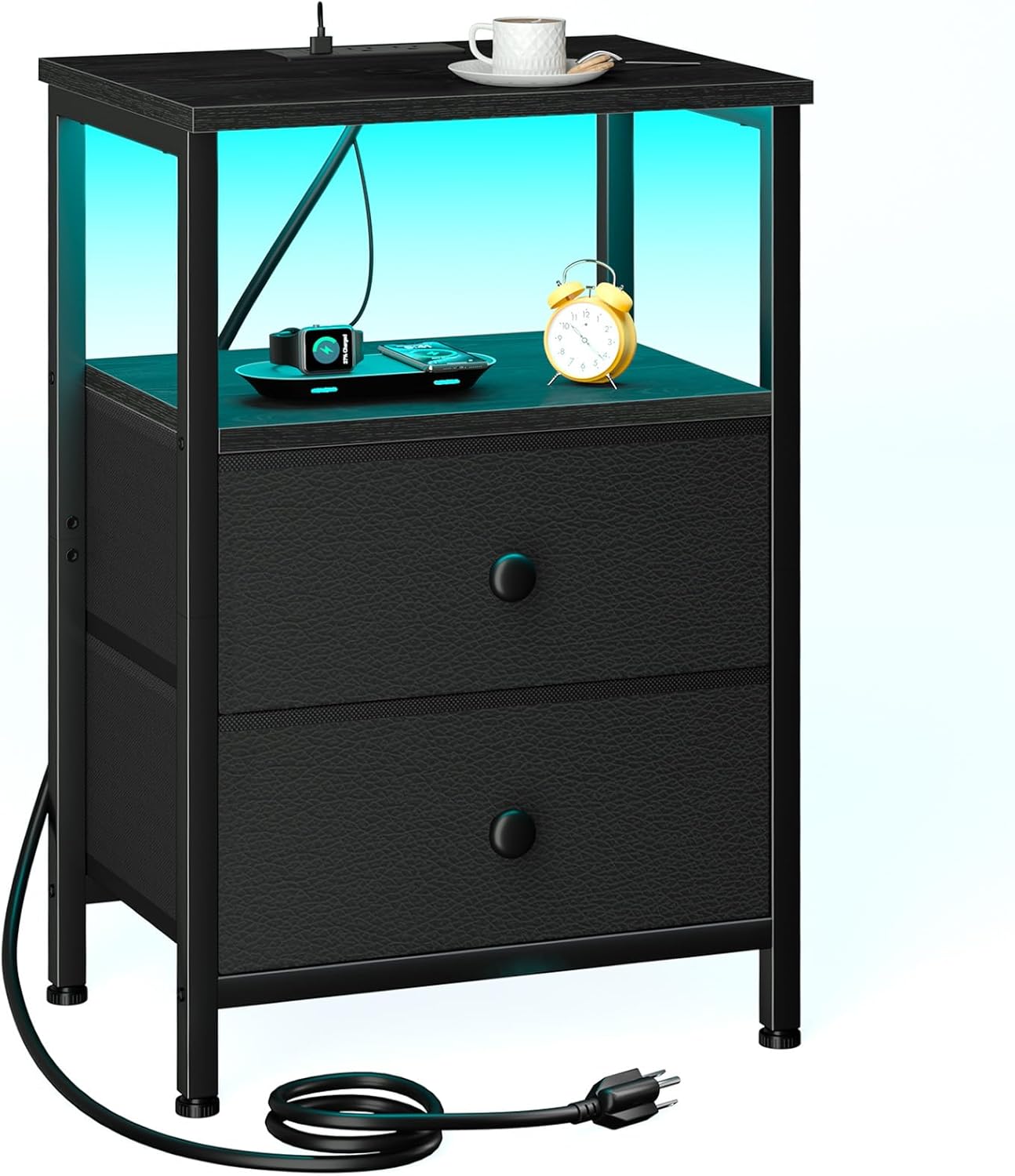 HETS Nightstand with Charging Station, 2 Fabric Drawers, USB Ports and Outlets, Black, Model HETS02BK-1