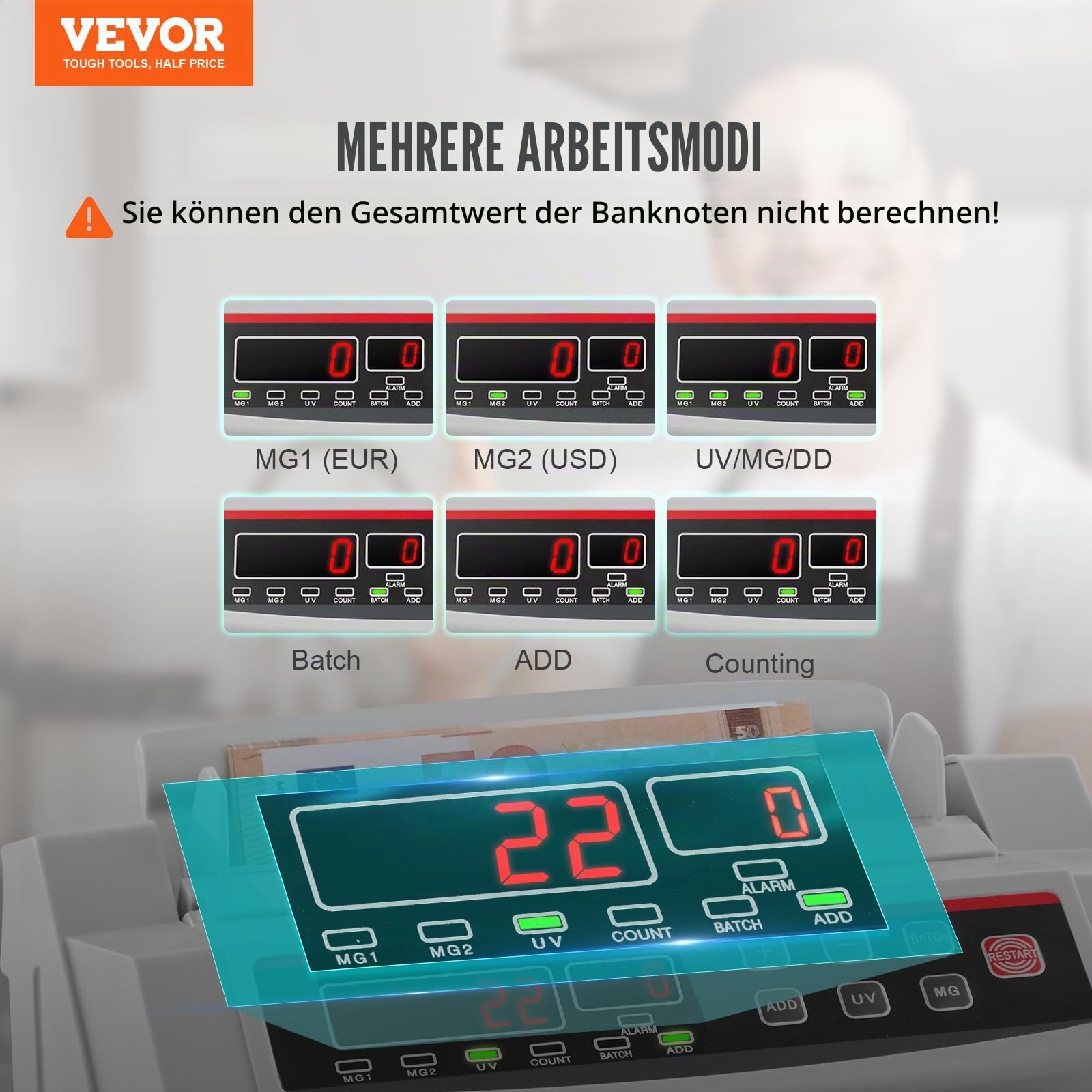 OldFe Geldzählmaschine mit Echtheitprüfung geldzählmaschine scheine mit UV/MG Systeme Banknotenzähler mit LED Display für Euro Doller Pound