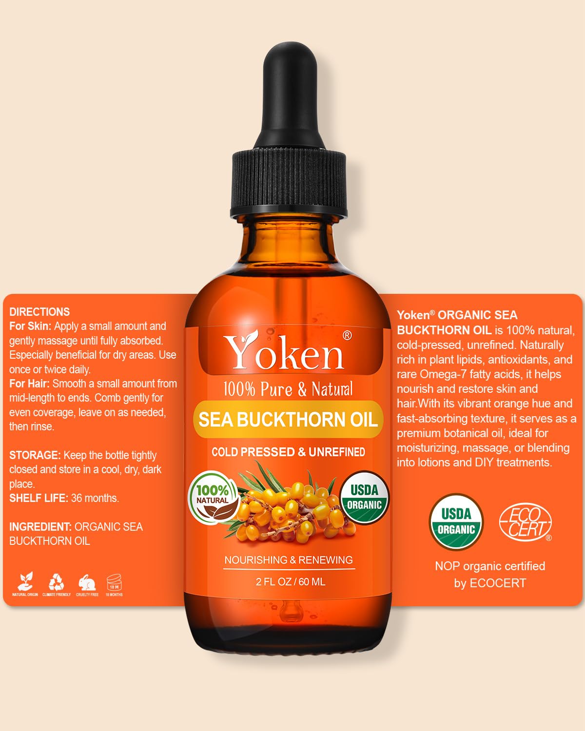 USDA Sea Buckthorn Oil Organic for Face Hair & Nails 2oz - 100% Cold Pressed Natural Facial Oils from SeaBuckthorn Berry for Deep Hydration & Skin Nourishment, aceite de espino amarillo organico - Image 8