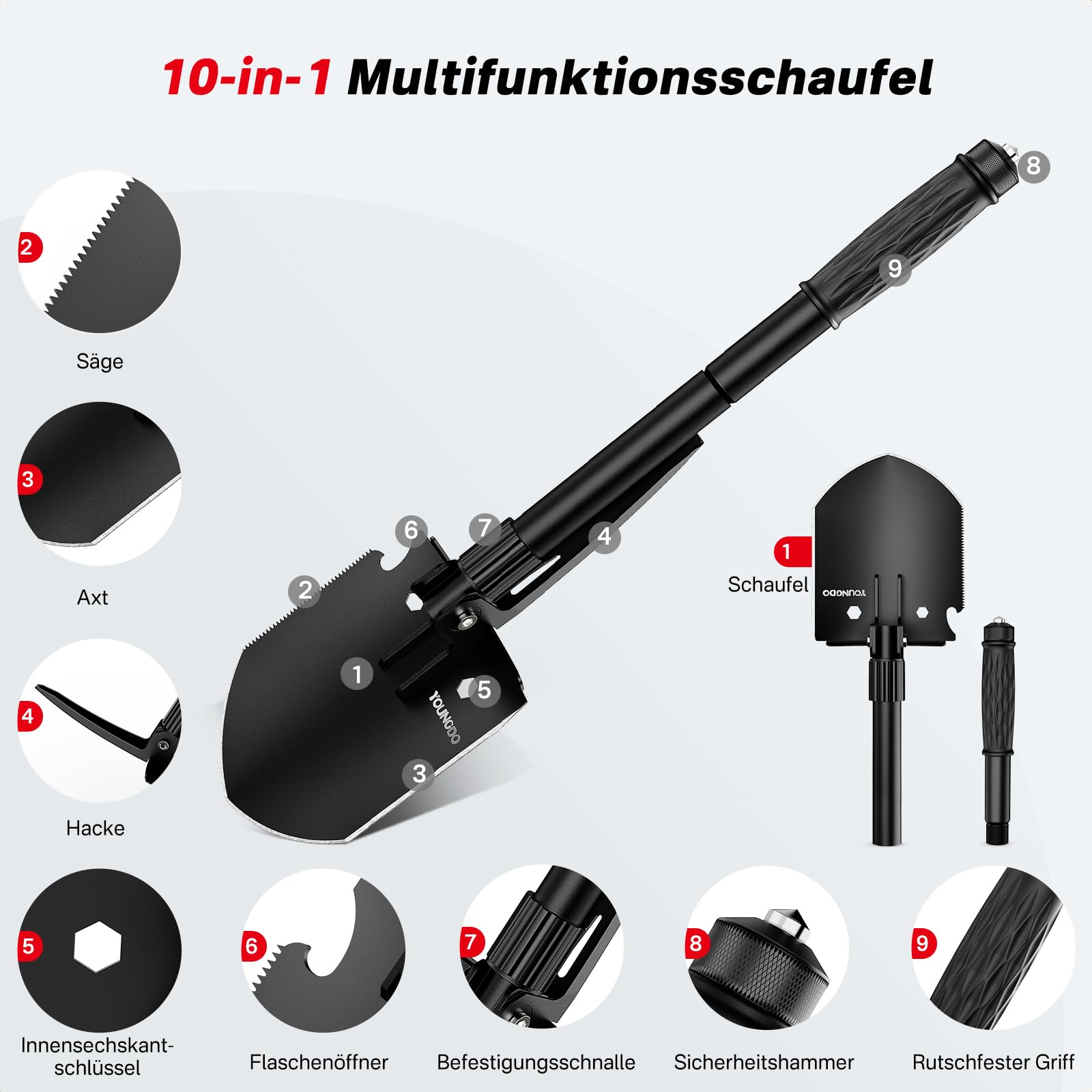 YOUNGDO Klappspaten 10 Funktionen, Multifunktional-Klappschaufel, Einfach Tragbar, Rostfrei Spaten aus Hochwertiger legierter Stahl, Abnehmbar Schaufel für Überleben/Schneeschaufeln/Garten/Camping