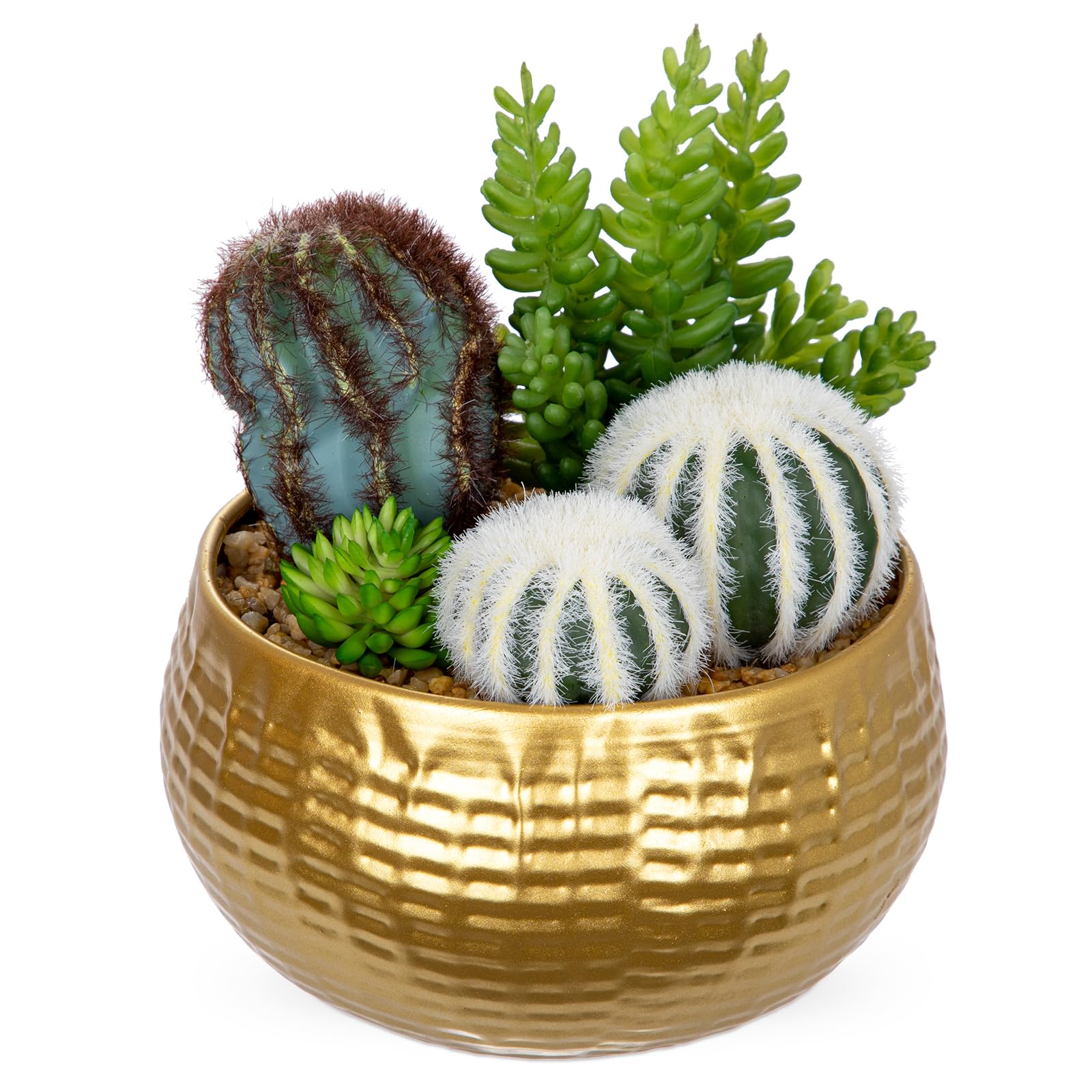 Oairse Artificial Cactus Plants Indoor, 7" Assorted Small Faux Succulent in Pots Fake Potted Desk Plant with Gold Bowl Mini Succulents Artificial Cactus Decor for Home Office Bathroom Table Shelf