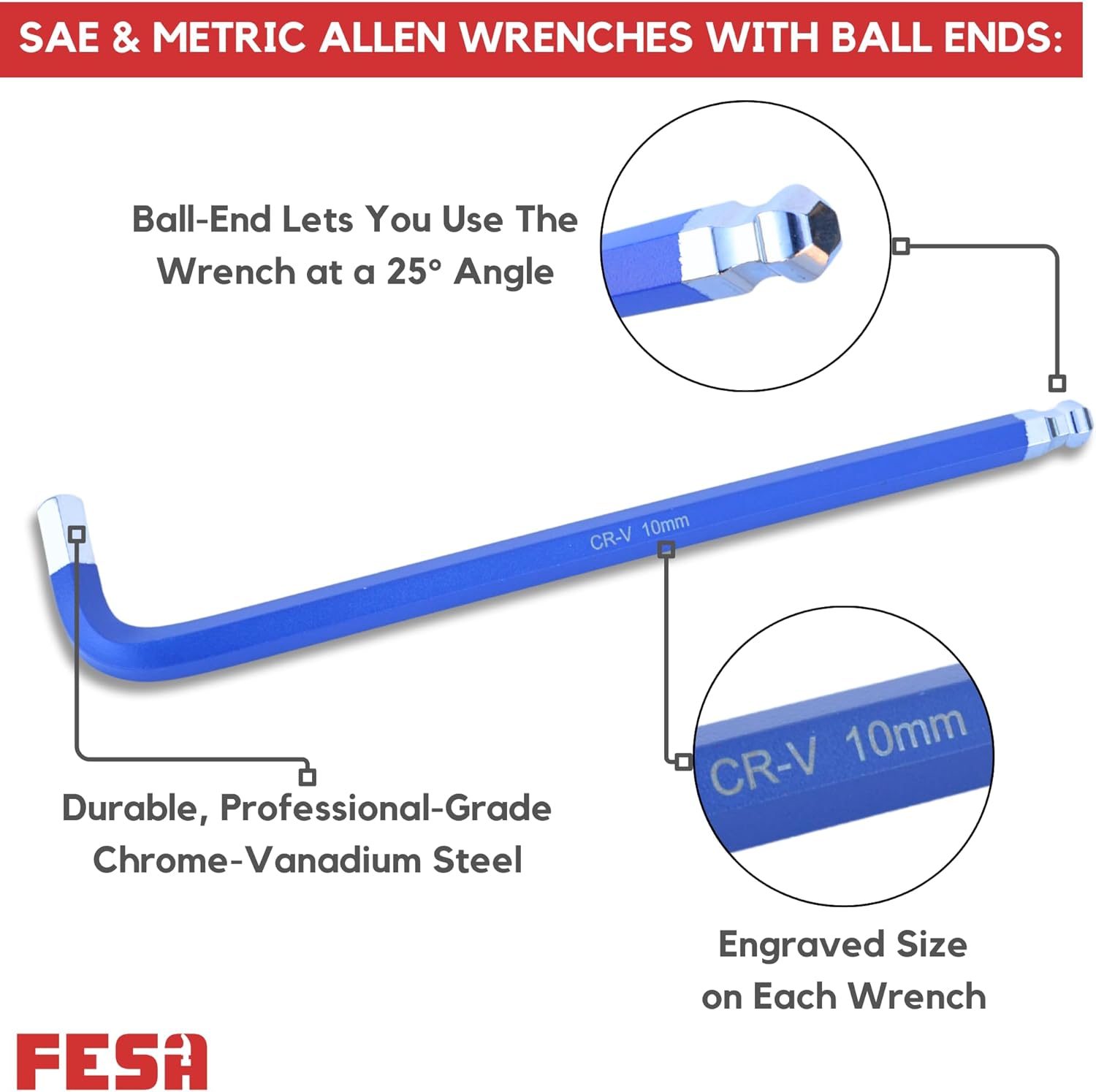 FESA Jumbo Allen Wrench Set - 29-Piece Torx, Standard & Metric Allen Wrenches with Micro to Large Ball Ends - Hex Keys with Folding Hex Tool, T-Handle & Storage Tray