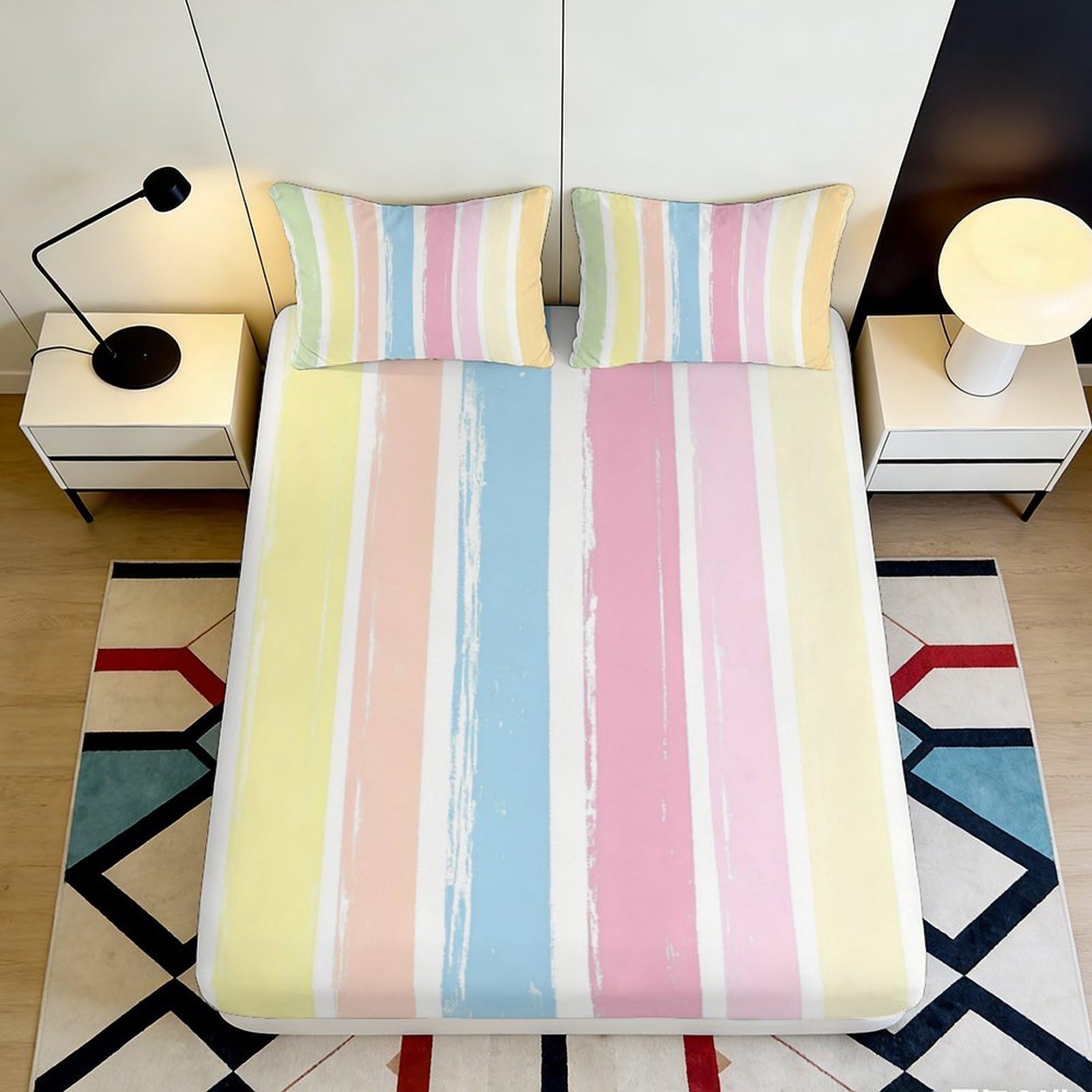 3D Printed Pastel Rainbow Stripe Fitted Sheet Microfiber Soft Mattress Cover for Bedroom Dorm Home Decor 120x200x25cm