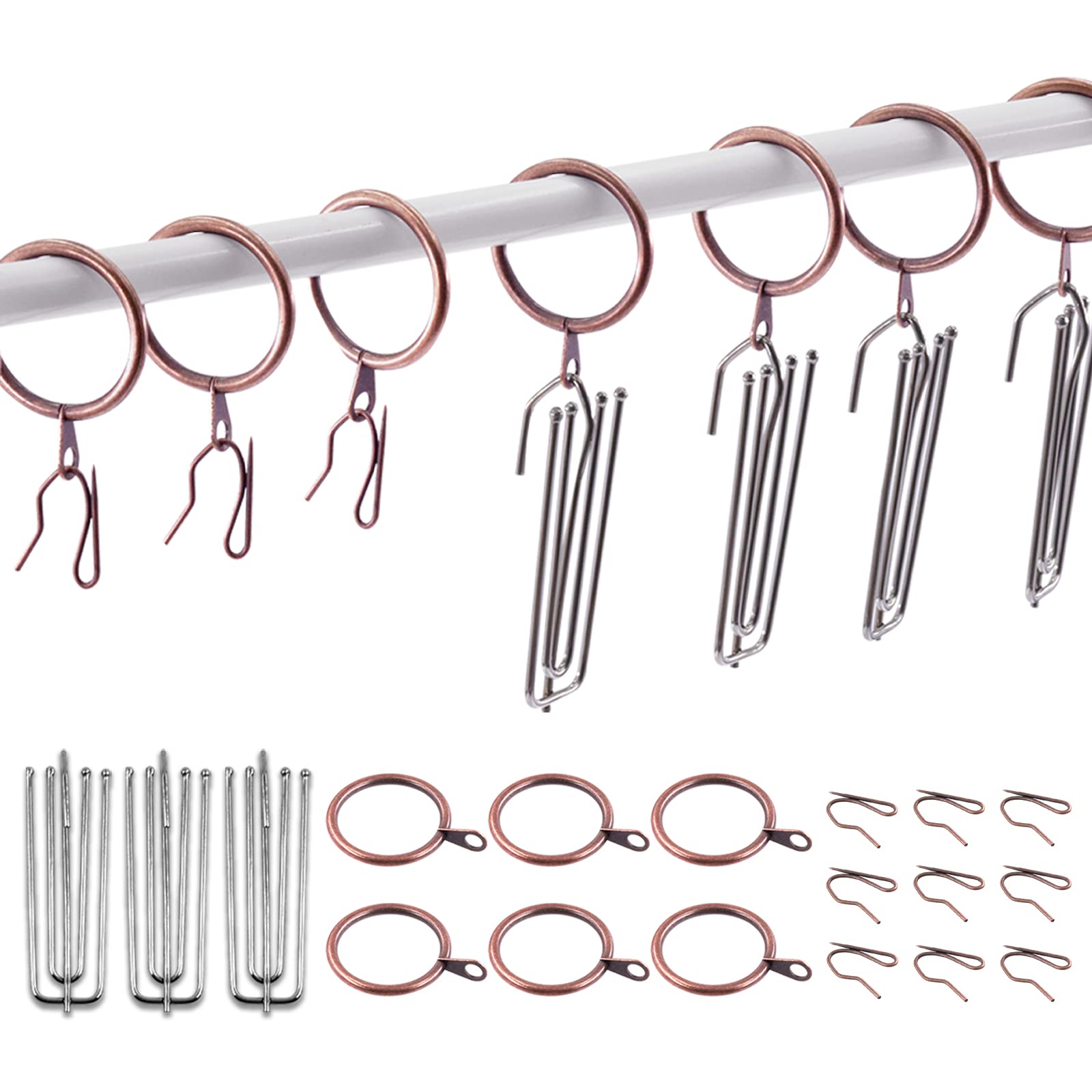Swpeet 120Pcs Red Bronze 1.35 Inch - 30mm Metal Drapery Curtain Rings Curtain Hanging Rings and Stainless Steel 4 Prongs Pinch Pleat Hook with Drapery Curtain Pin-on Hooks Pins for Curtain โ image 1