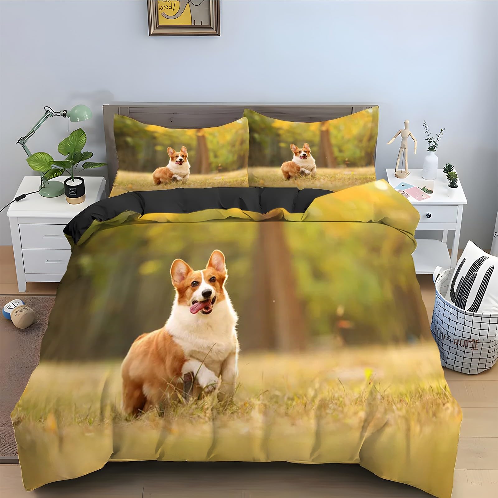 Housse de Couette 200x200 Animal Parure de Lit 3 Pièces Microfibre Douce Housse Couette Corgi Gallois