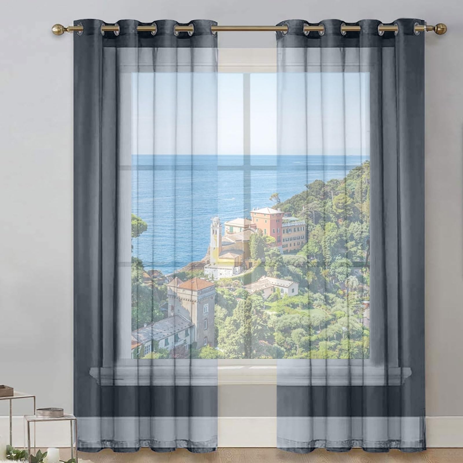 LIUNADM Semi Transparent Eyelet Sheer Curtains 200 x 105 cm Light Filtering, Thermal Insulated Divider Curtain for Doors and Windows for Bedroom, Living Room, Grey