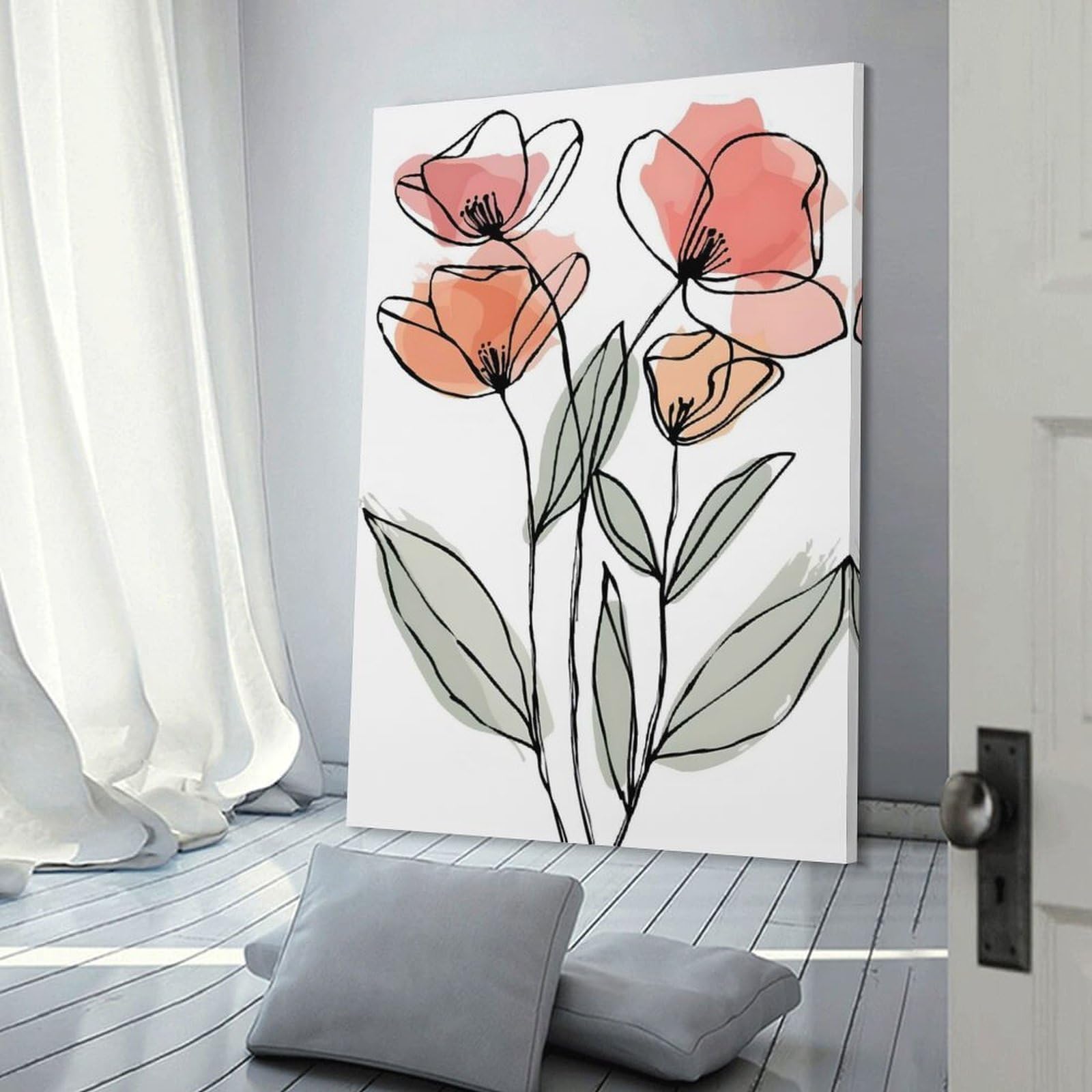 Junmoney Home Decor Wall Art Floral Line Art with Watercolor Accents, 20x30inch(50x75cm), for New Homes, Bedrooms Or Workspaces, Decorative Present for New Homes