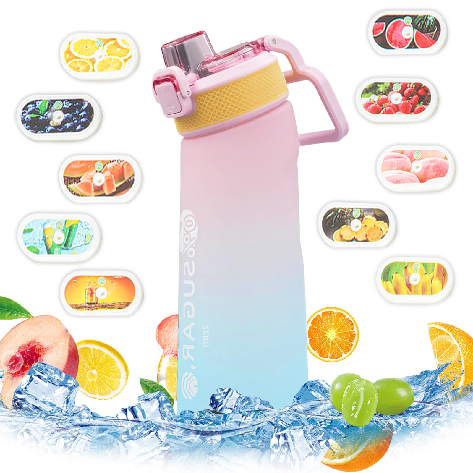 FychuoWater Bottle, 700ml BPA Free Drinking Bottles with 10 Random Flavour Pods Scented 0 Sugar Calorie, Water Cup with Straw for Gym School Outdoor, Pink & Blue