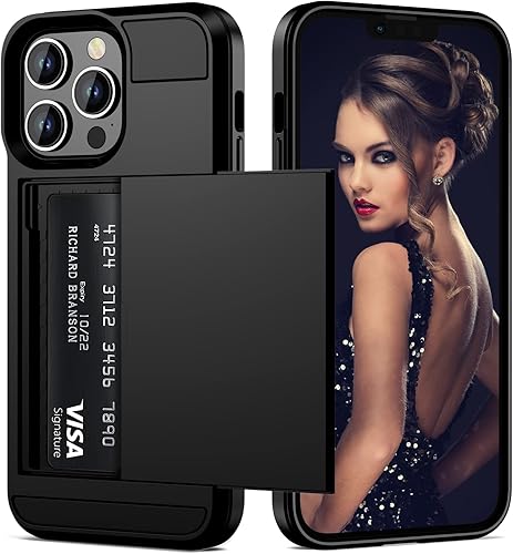 Vofolen Funda para iPhone 13 Pro Max, cartera para tarjeta de crédito, ranura de identificación, puerta corrediza, bolsillo oculto, para hombres y